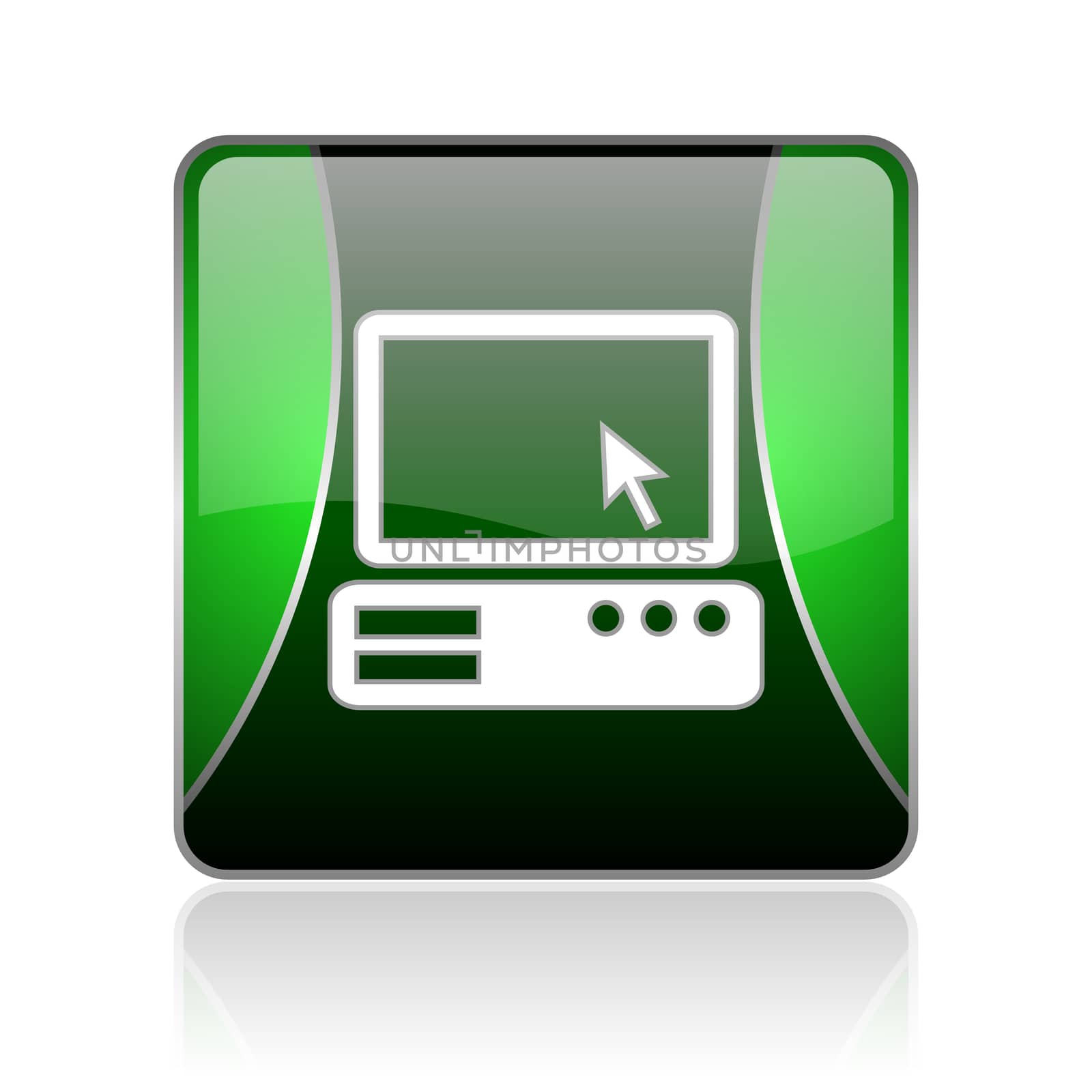 black and green square glossy internet icon on white background with reflaction