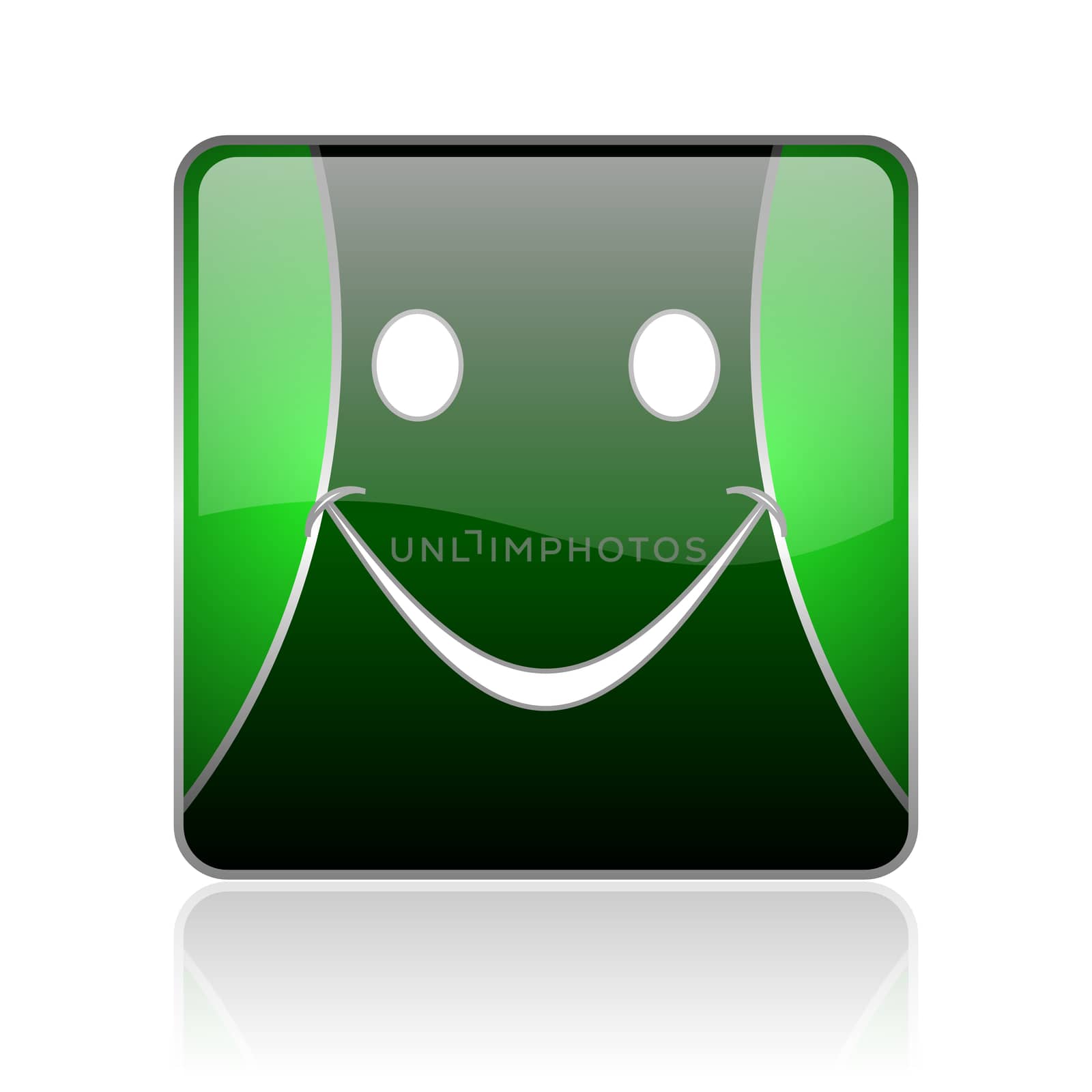 black and green square glossy internet icon on white background with reflaction
