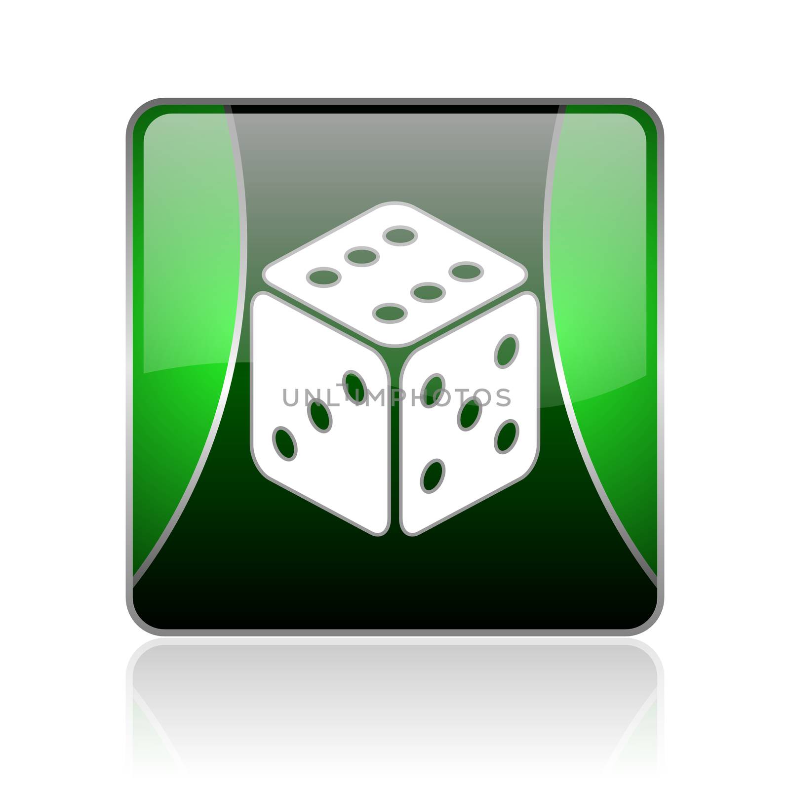 black and green square glossy internet icon on white background with reflaction