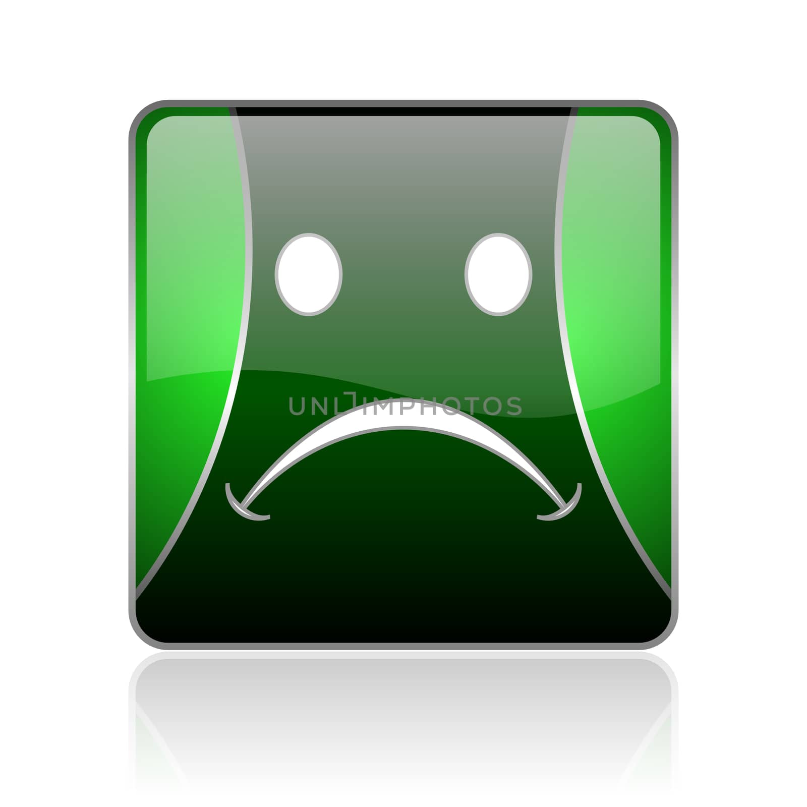 black and green square glossy internet icon on white background with reflaction
