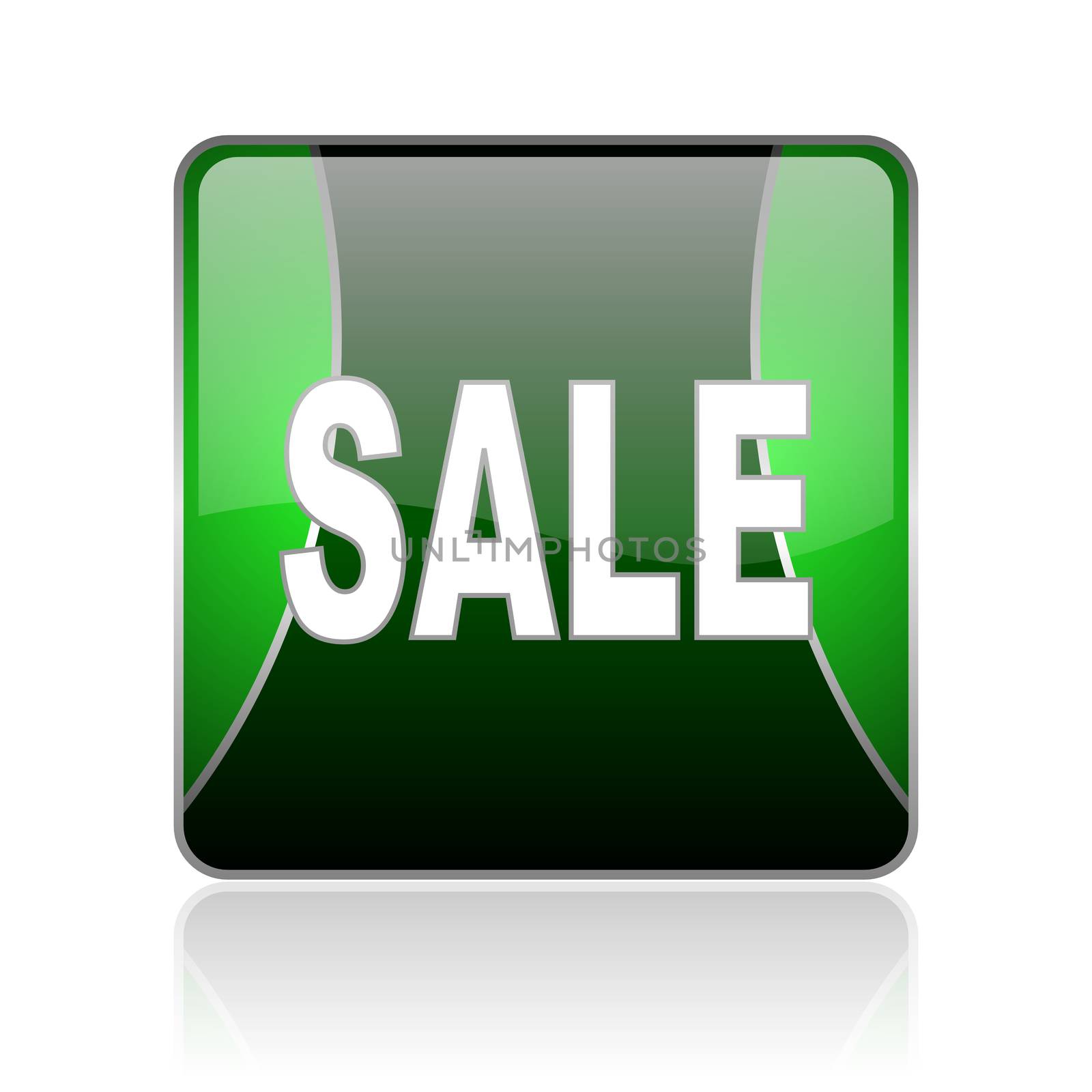 black and green square glossy internet icon on white background with reflaction
