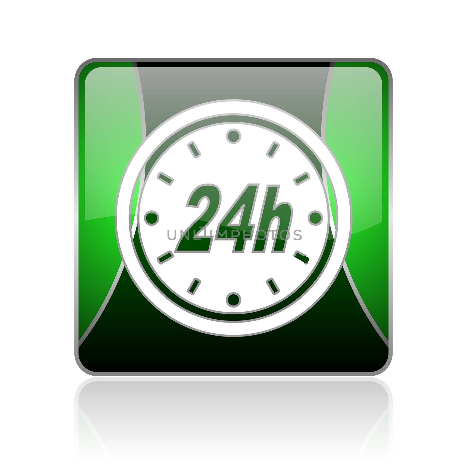 black and green square glossy internet icon on white background with reflaction