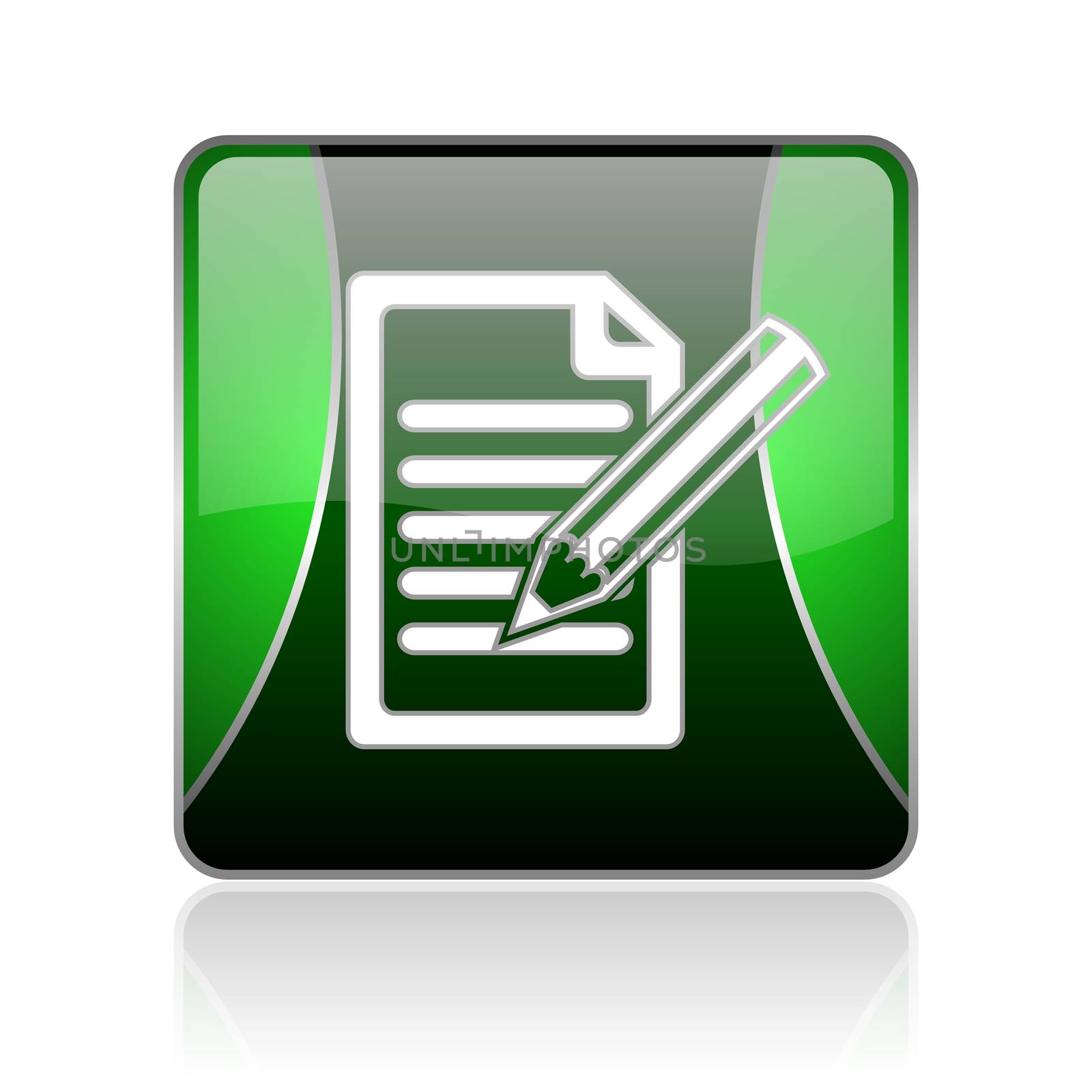 black and green square glossy internet icon on white background with reflaction