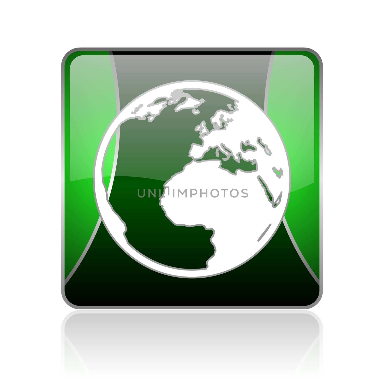black and green square glossy internet icon on white background with reflaction