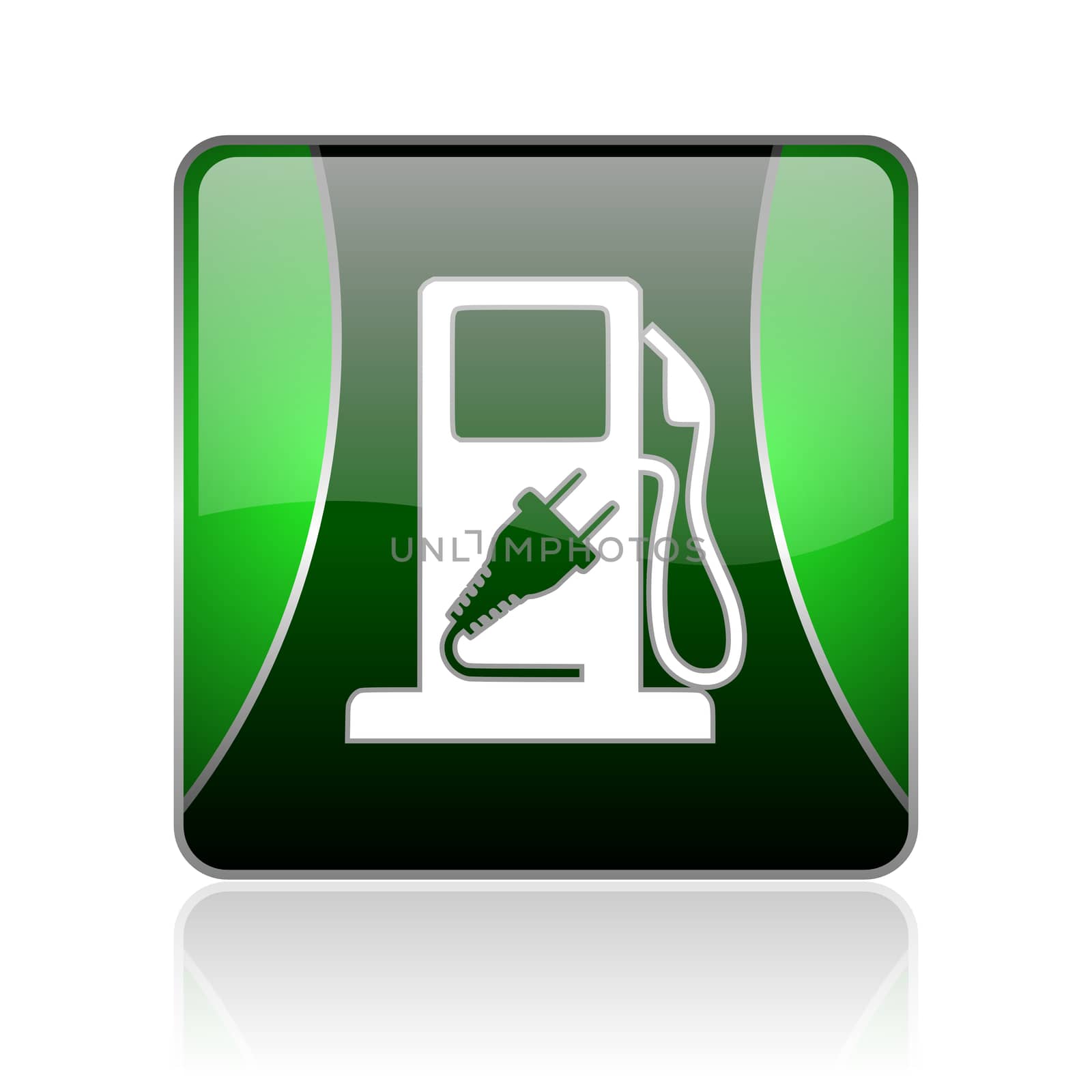 black and green square glossy internet icon on white background with reflaction