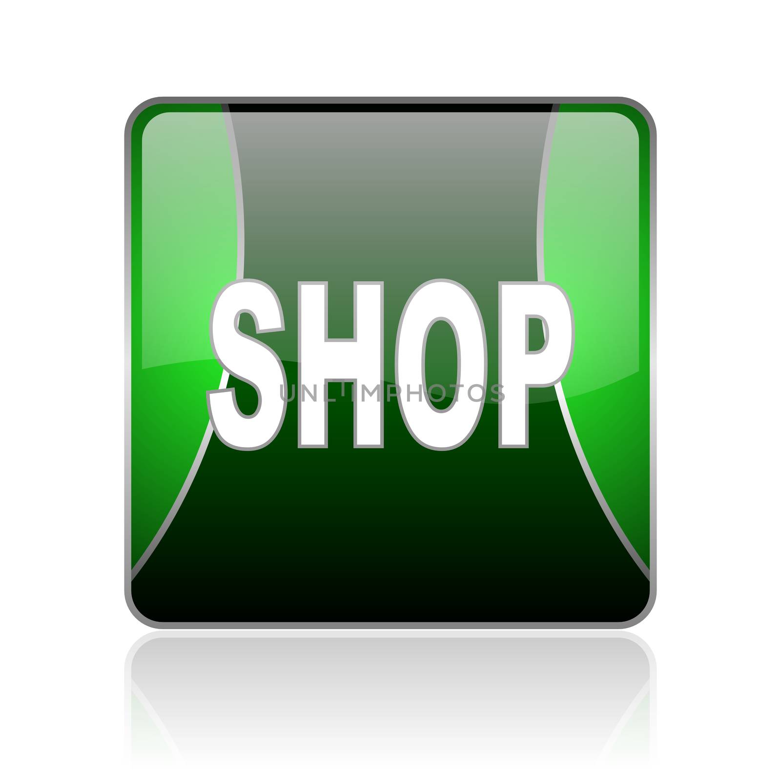 black and green square glossy internet icon on white background with reflaction