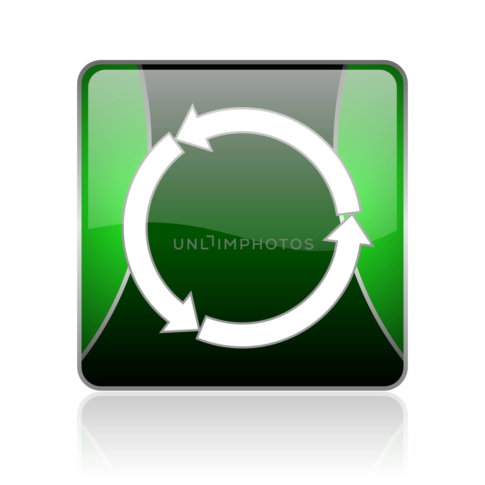 black and green square glossy internet icon on white background with reflaction
