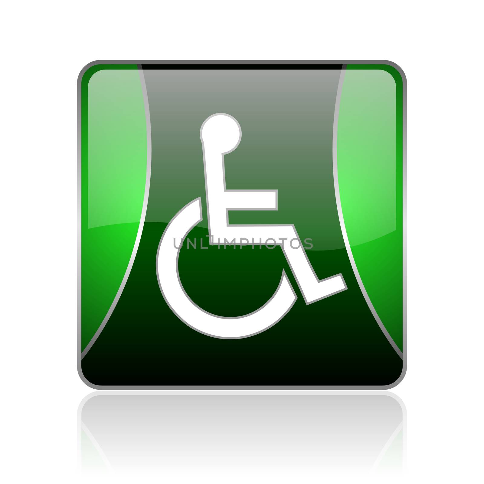 black and green square glossy internet icon on white background with reflaction