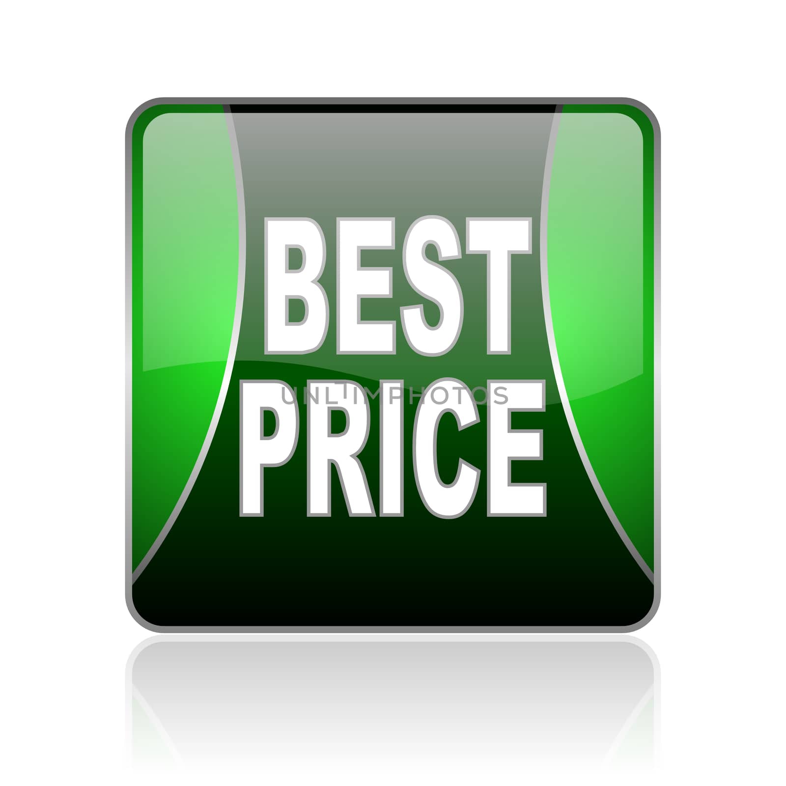 black and green square glossy internet icon on white background with reflaction