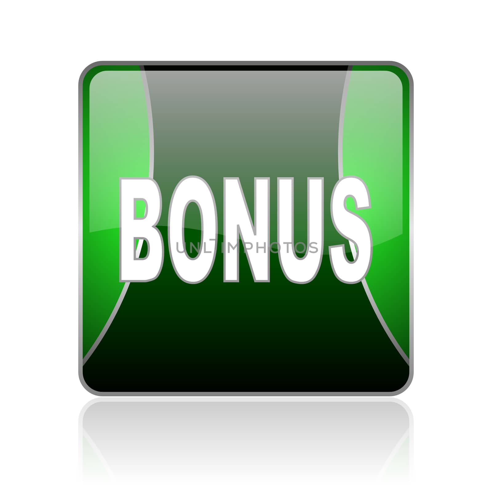 black and green square glossy internet icon on white background with reflaction