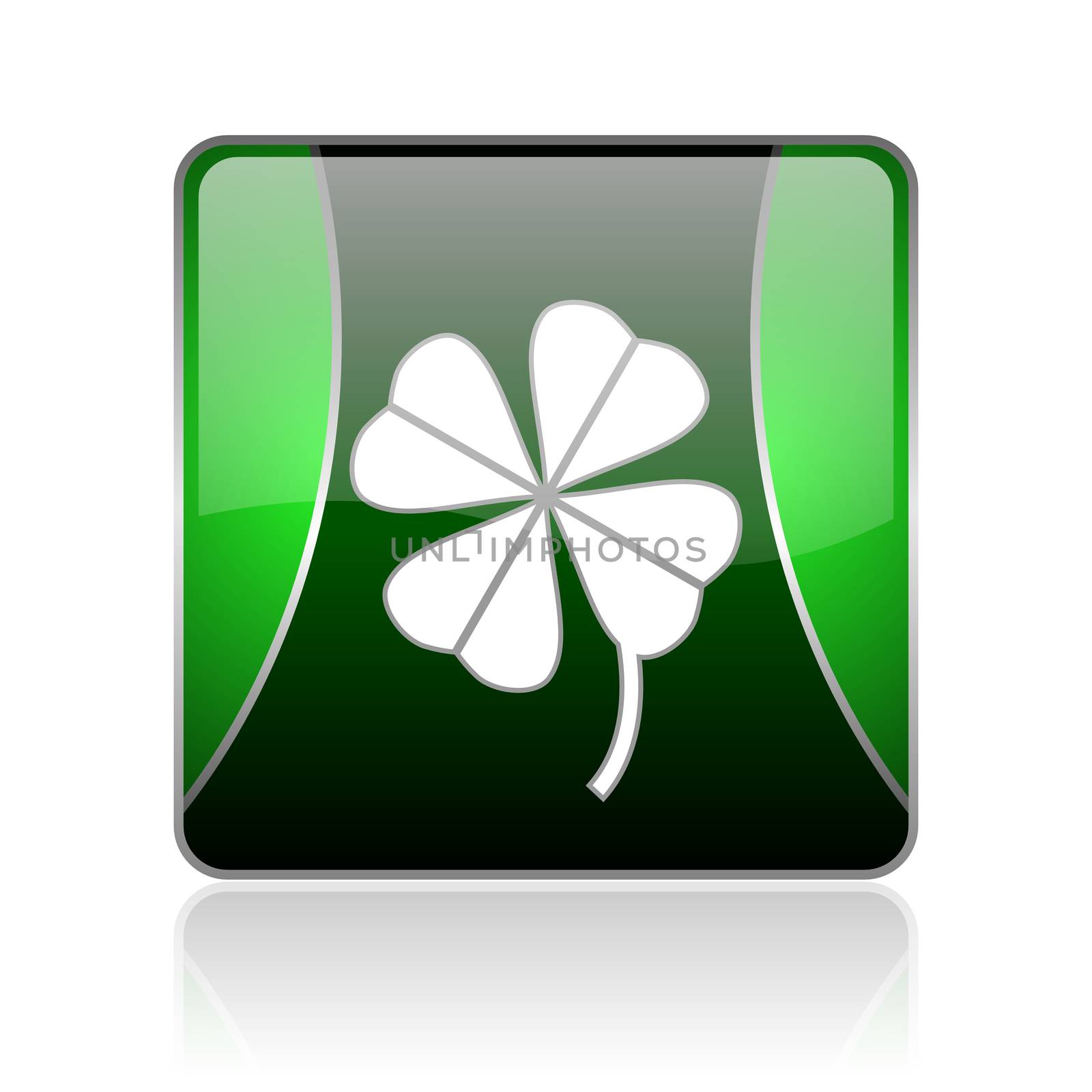 black and green square glossy internet icon on white background with reflaction