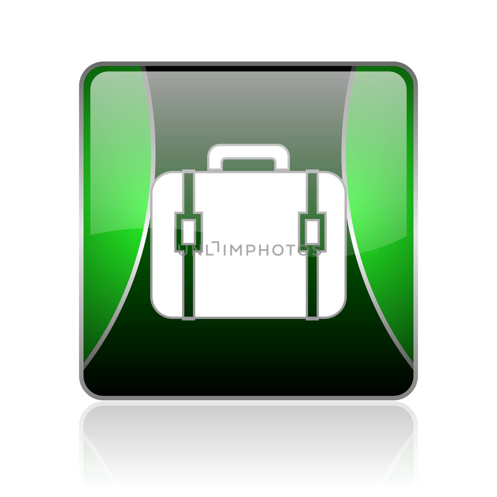 black and green square glossy internet icon on white background with reflaction