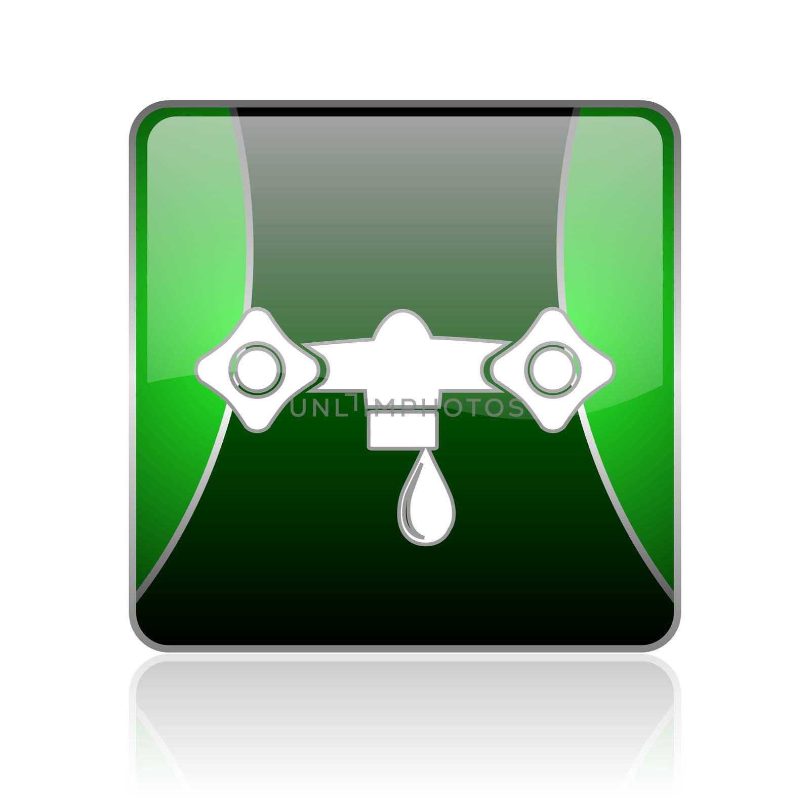black and green square glossy internet icon on white background with reflaction