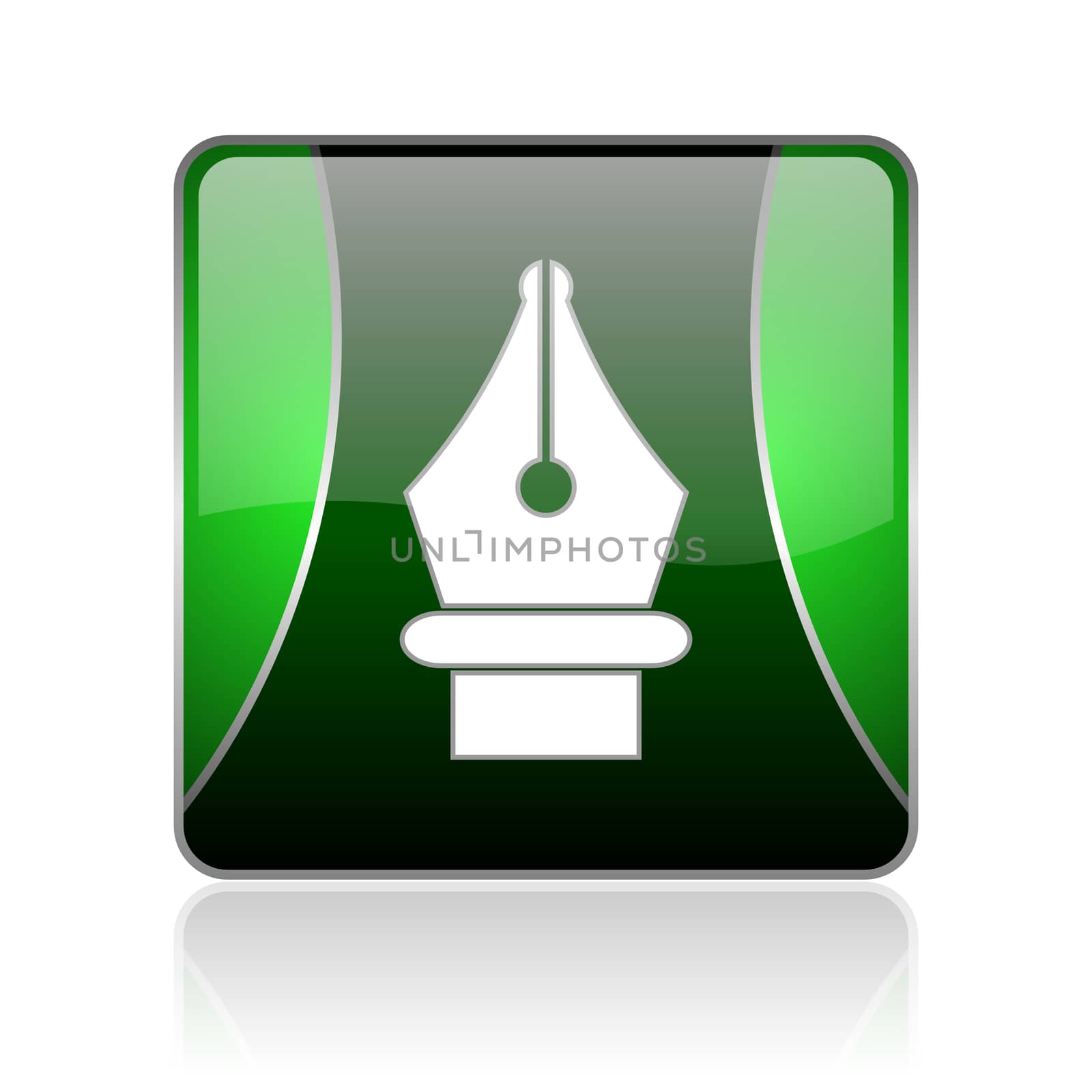 black and green square glossy internet icon on white background with reflaction