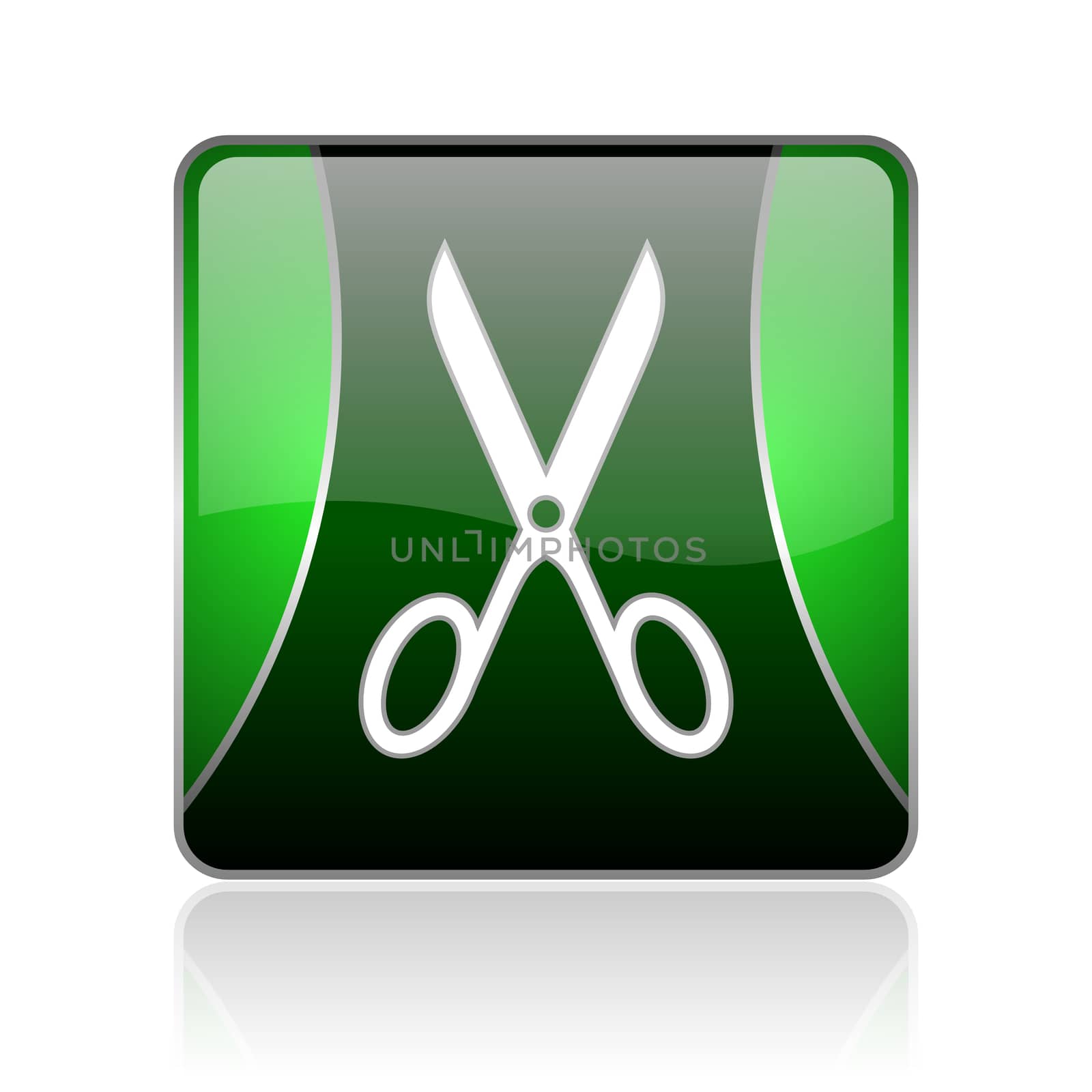 black and green square glossy internet icon on white background with reflaction