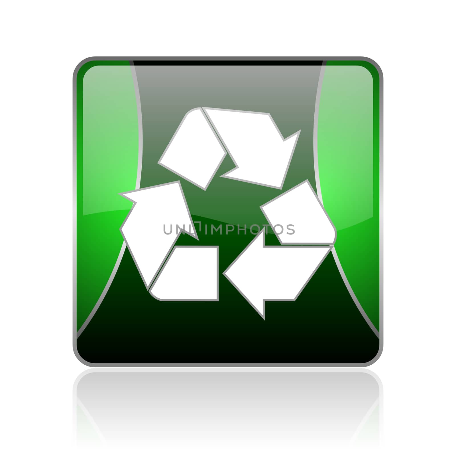 black and green square glossy internet icon on white background with reflaction