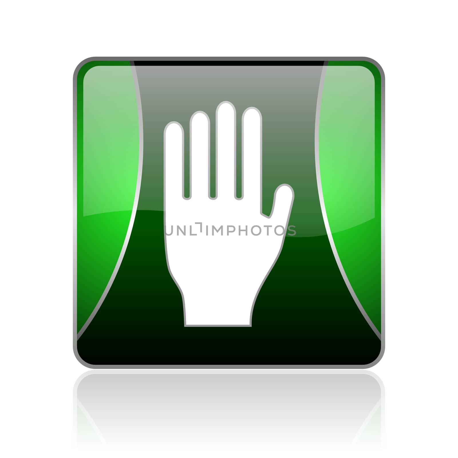 black and green square glossy internet icon on white background with reflaction
