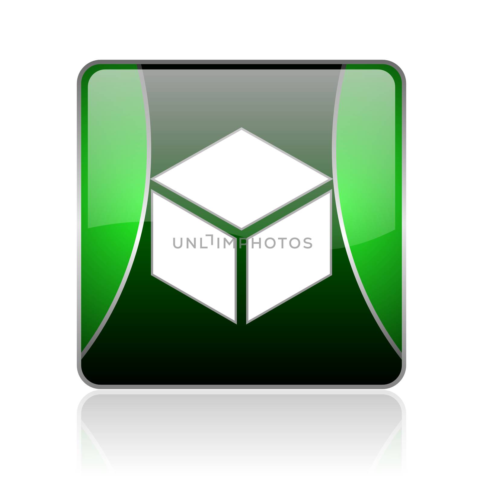 black and green square glossy internet icon on white background with reflaction