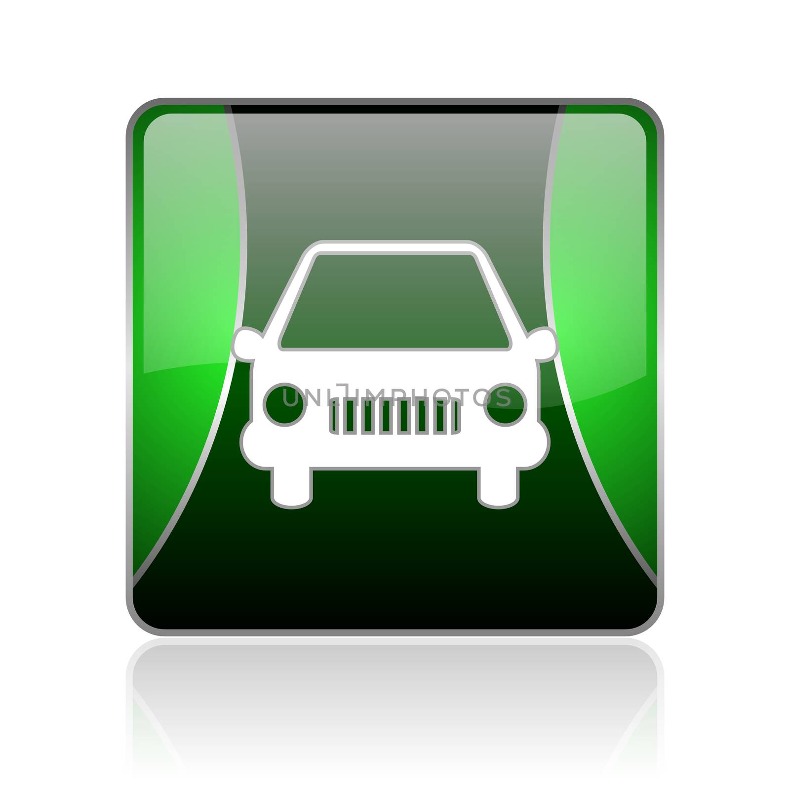 black and green square glossy internet icon on white background with reflaction