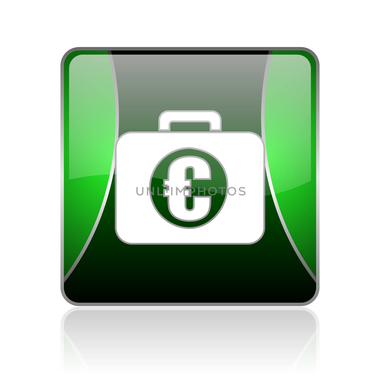 black and green square glossy internet icon on white background with reflaction