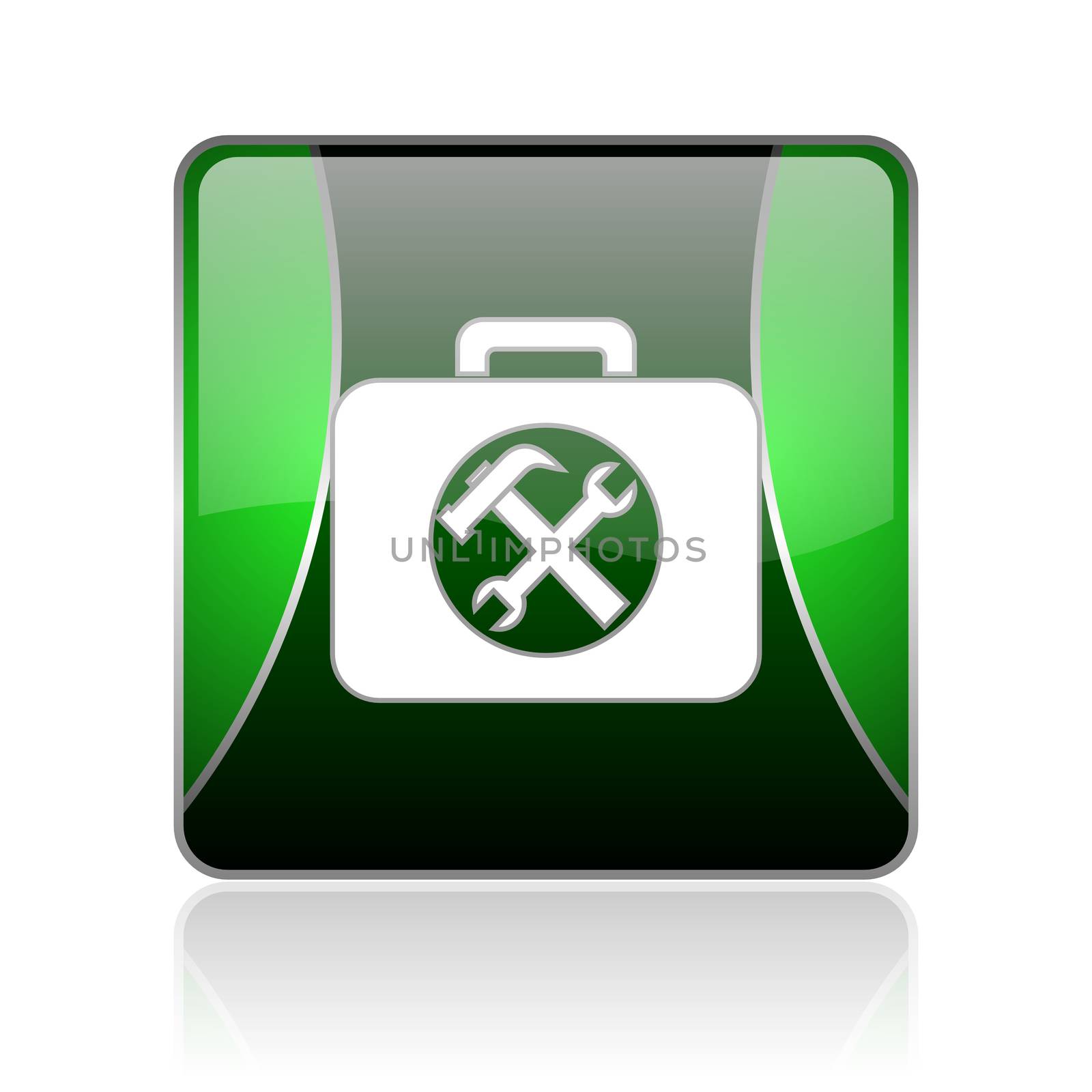 black and green square glossy internet icon on white background with reflaction