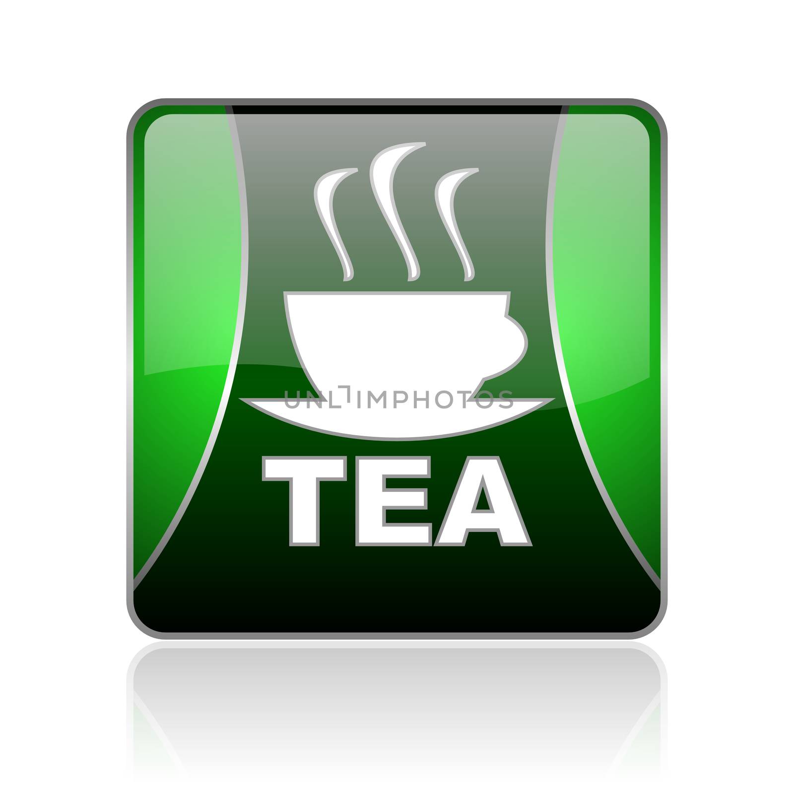 black and green square glossy internet icon on white background with reflaction