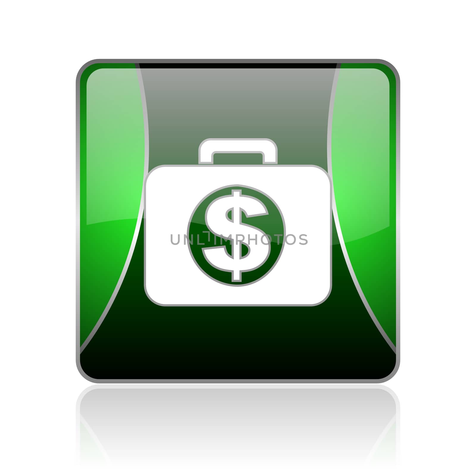 black and green square glossy internet icon on white background with reflaction