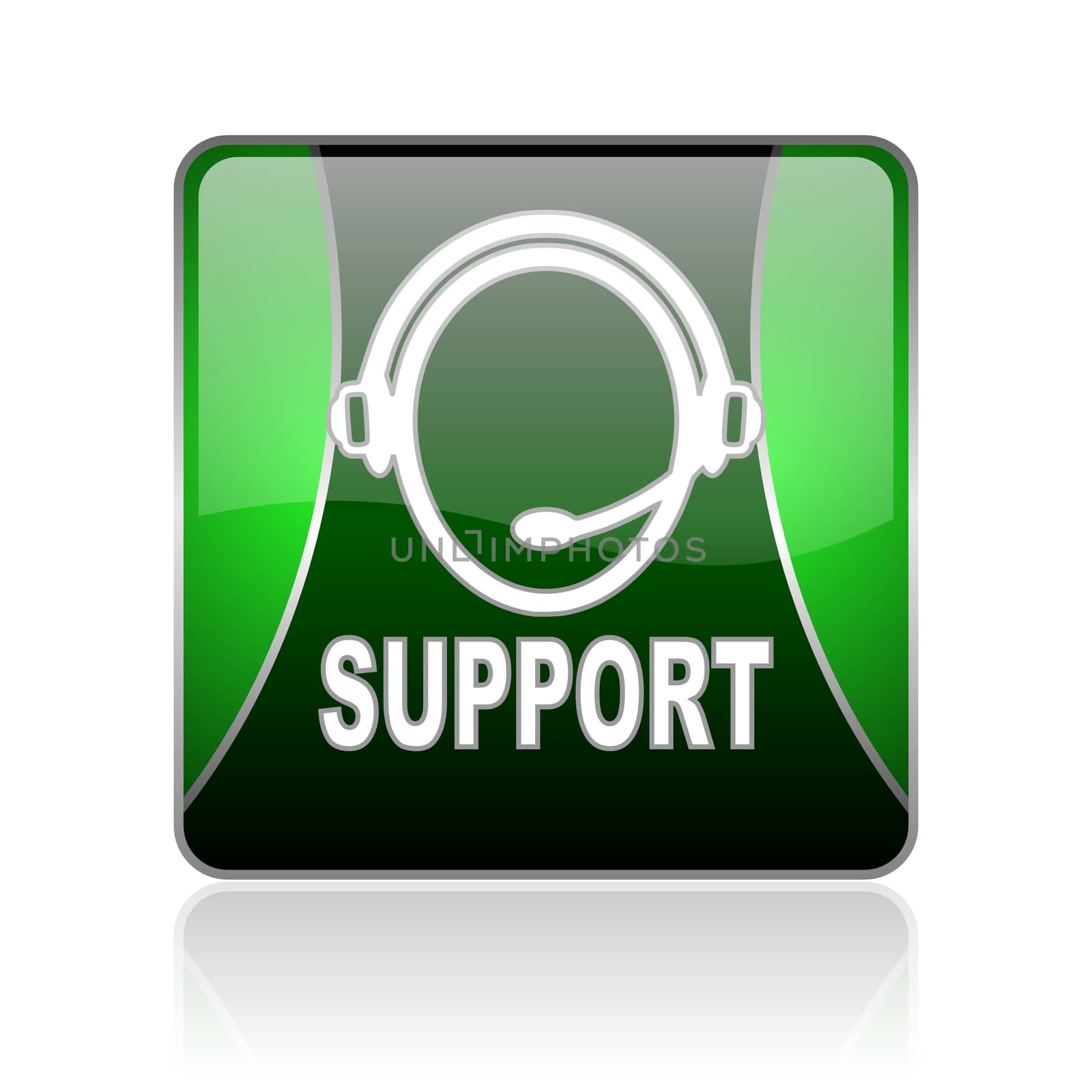 black and green square glossy internet icon on white background with reflaction