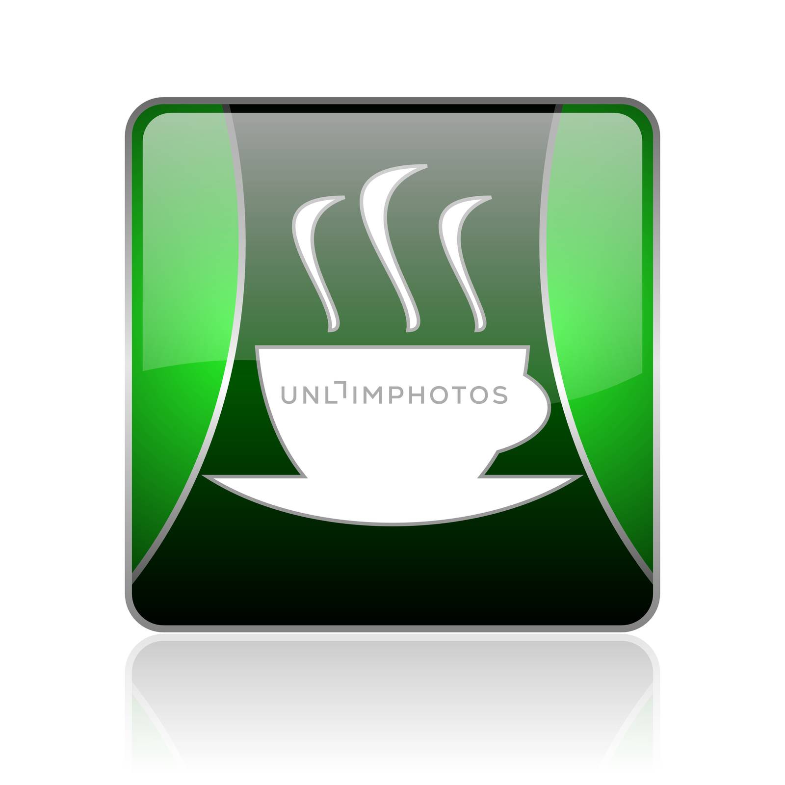 black and green square glossy internet icon on white background with reflaction