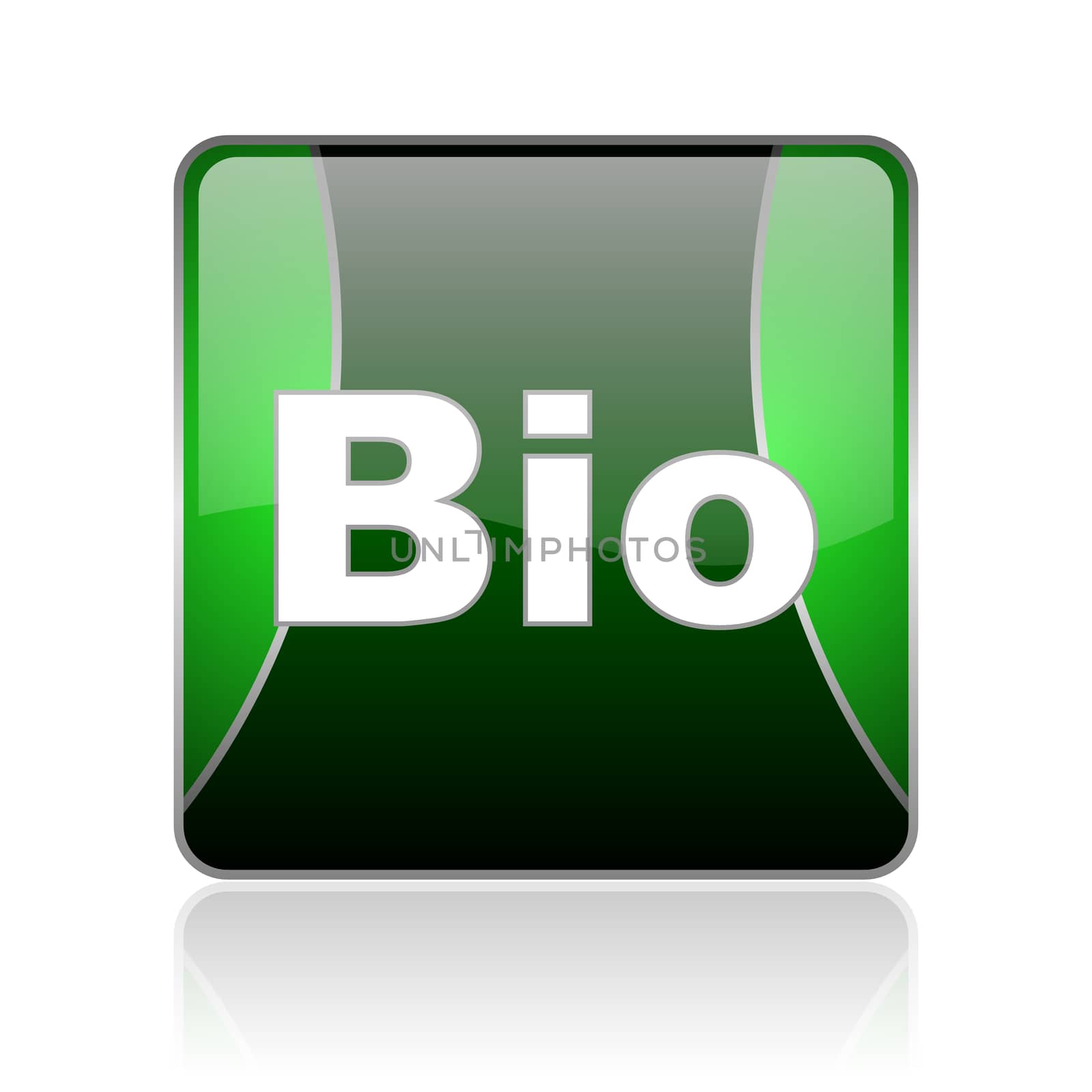 black and green square glossy internet icon on white background with reflaction