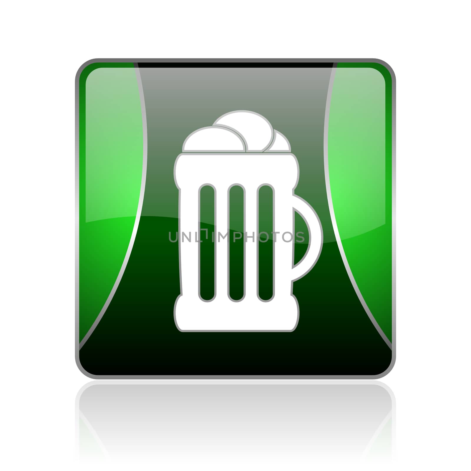 black and green square glossy internet icon on white background with reflaction
