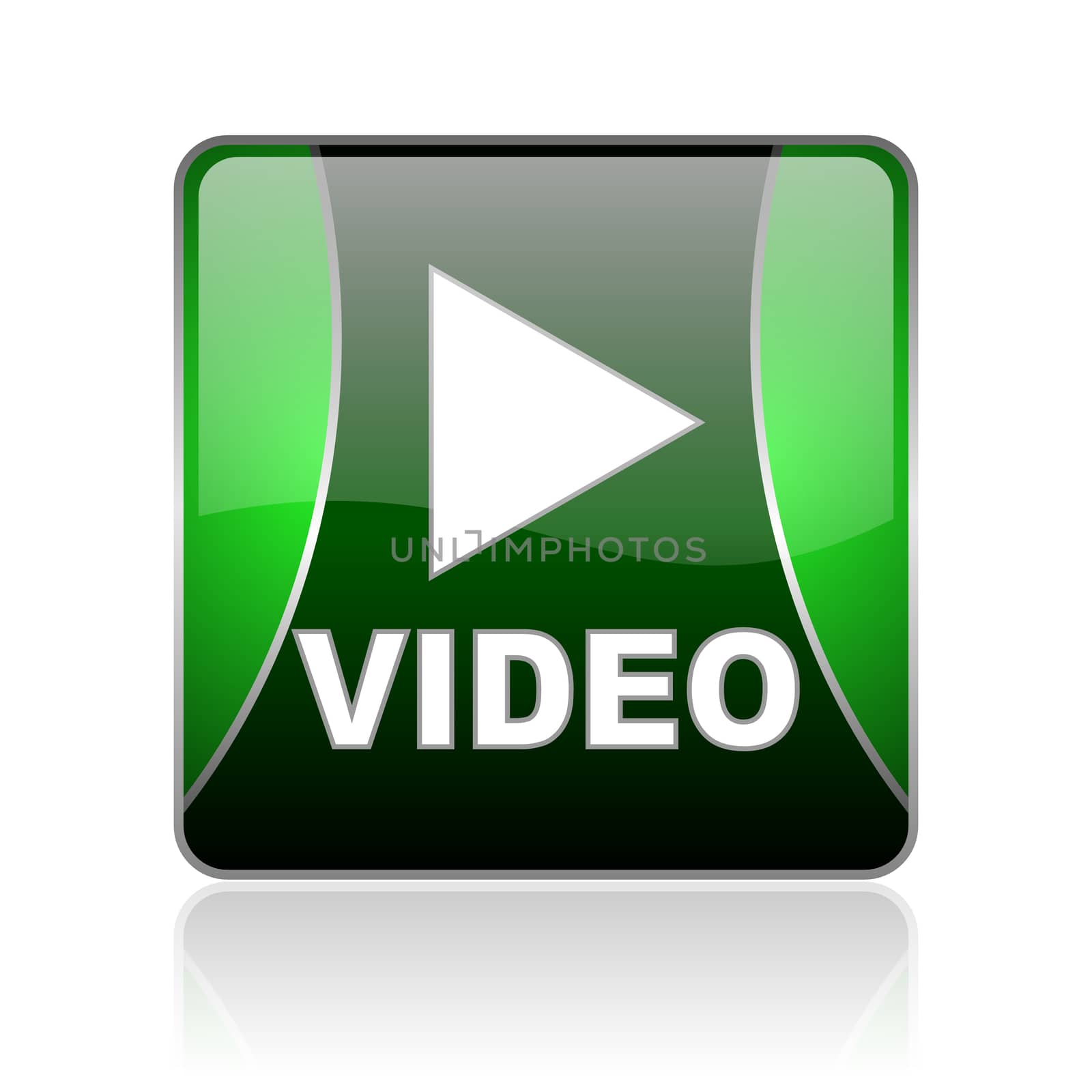 black and green square glossy internet icon on white background with reflaction