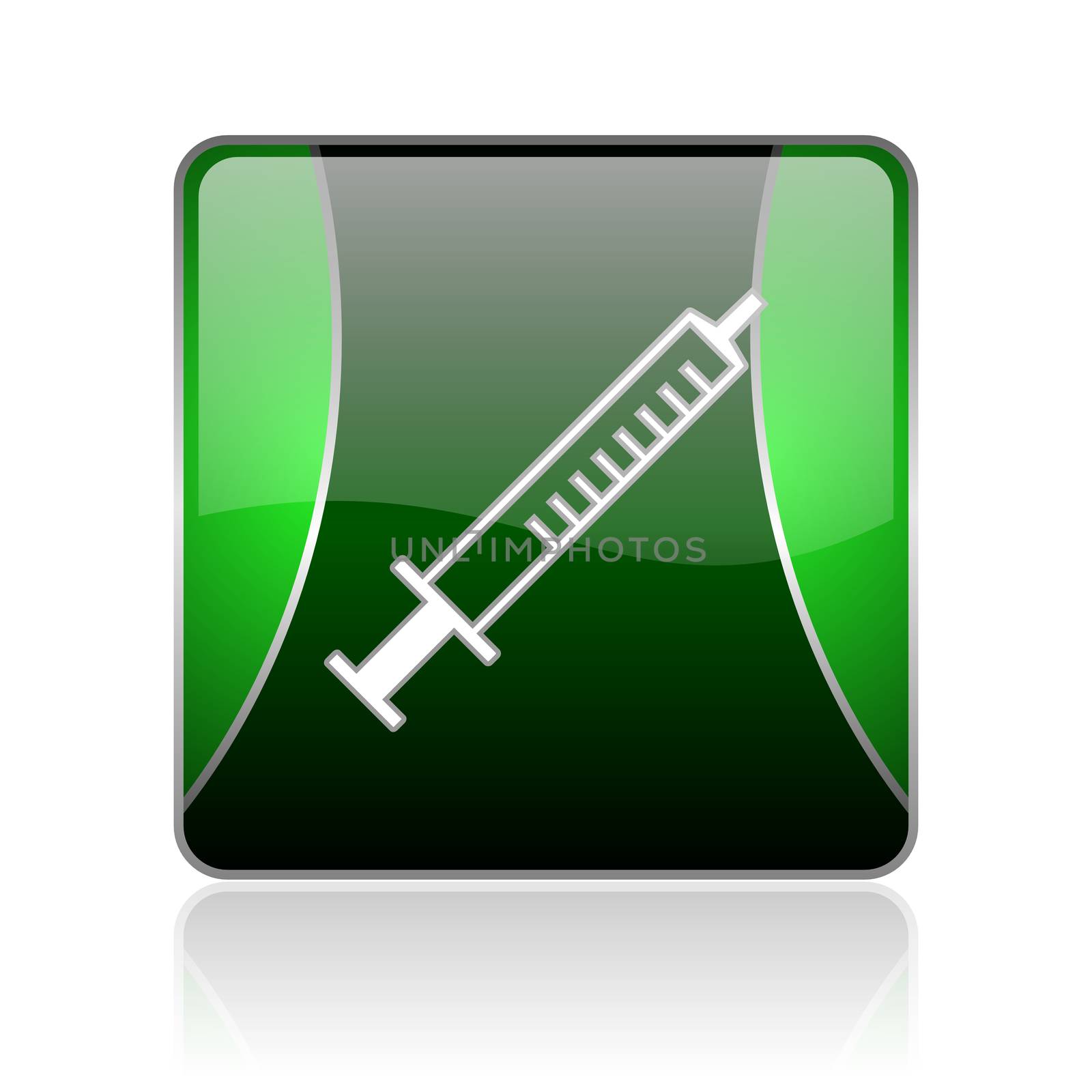 black and green square glossy internet icon on white background with reflaction