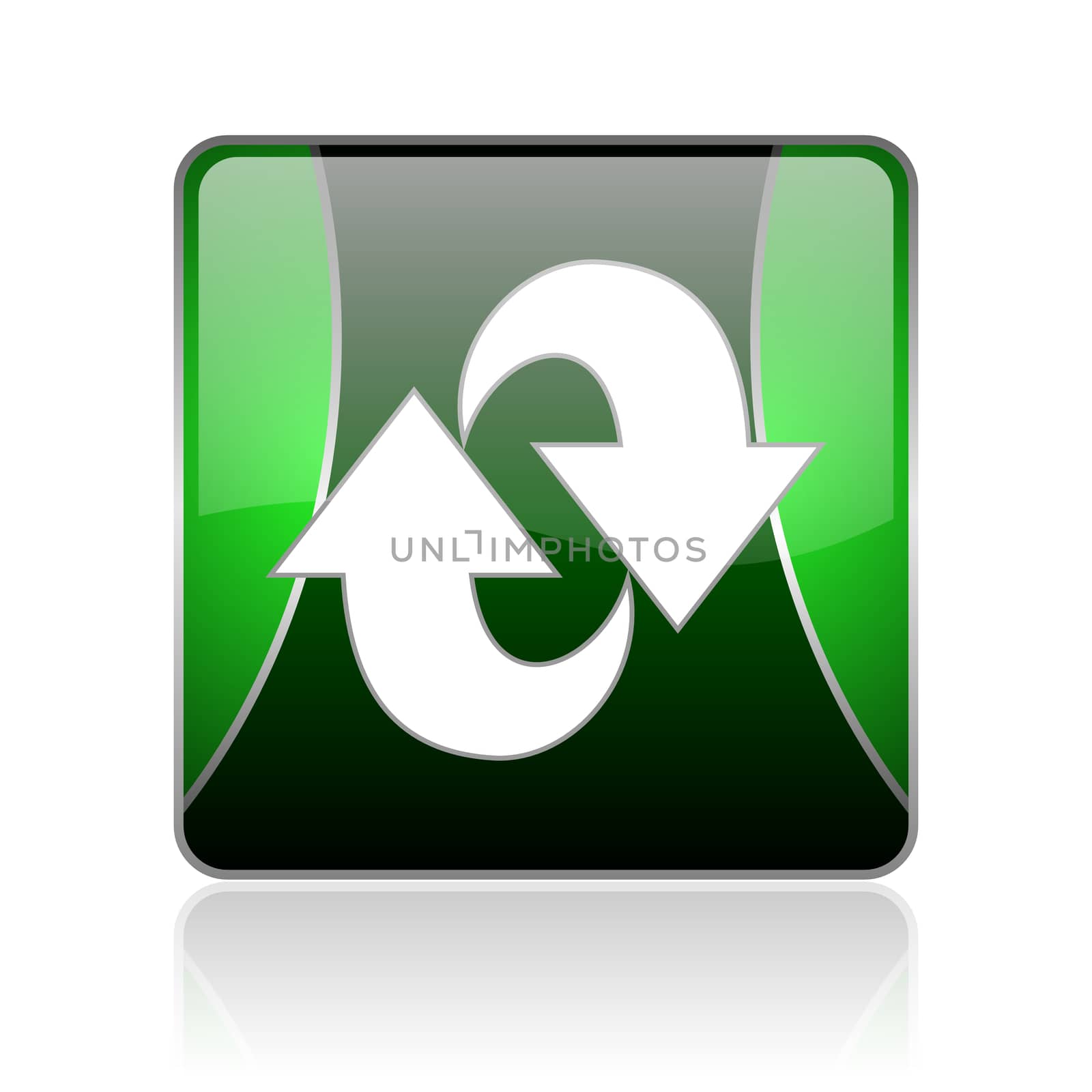 black and green square glossy internet icon on white background with reflaction