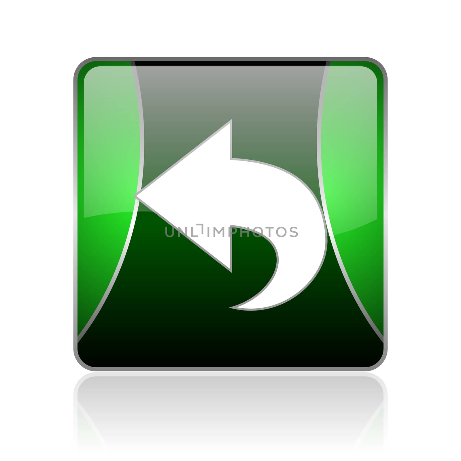 black and green square glossy internet icon on white background with reflaction