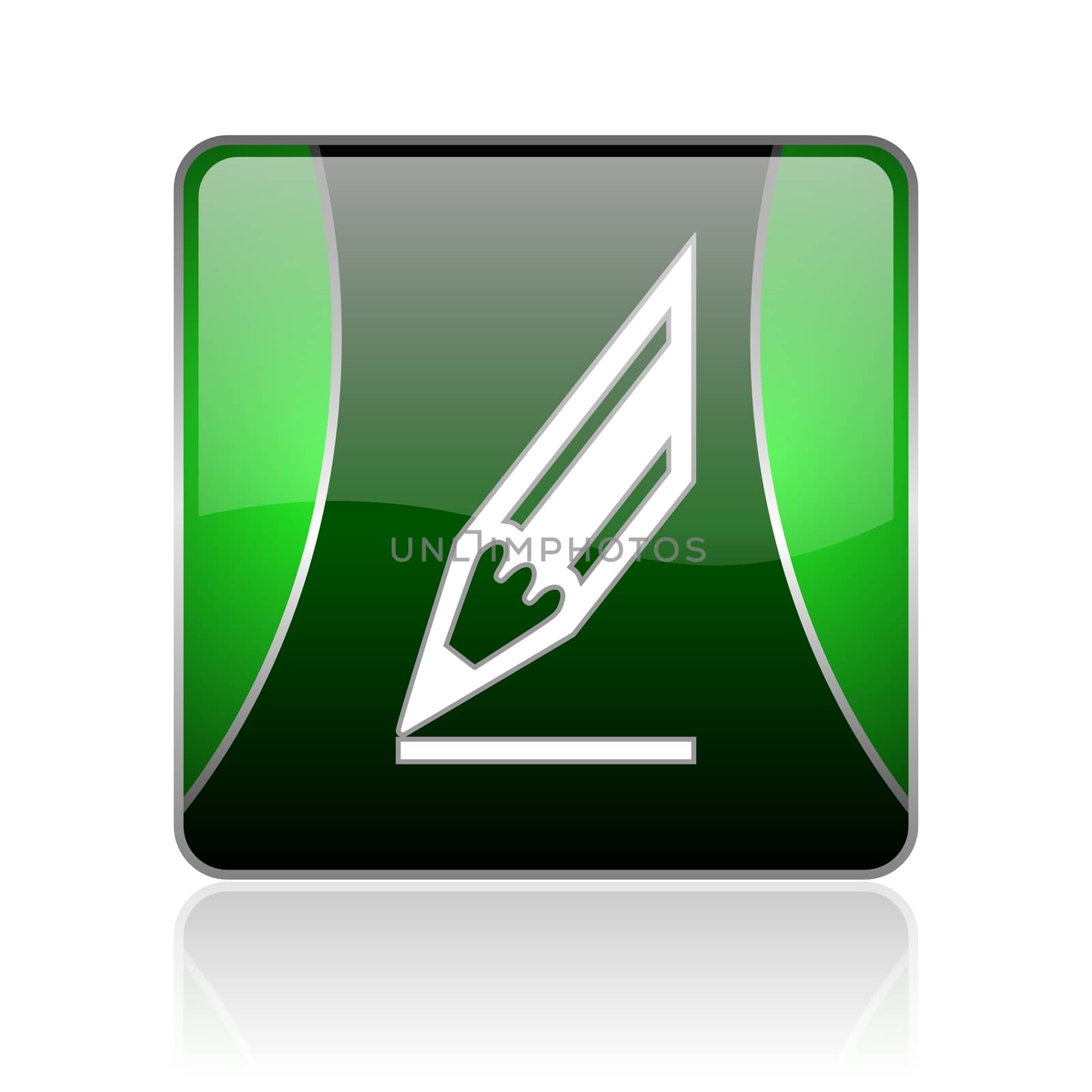 black and green square glossy internet icon on white background with reflaction
