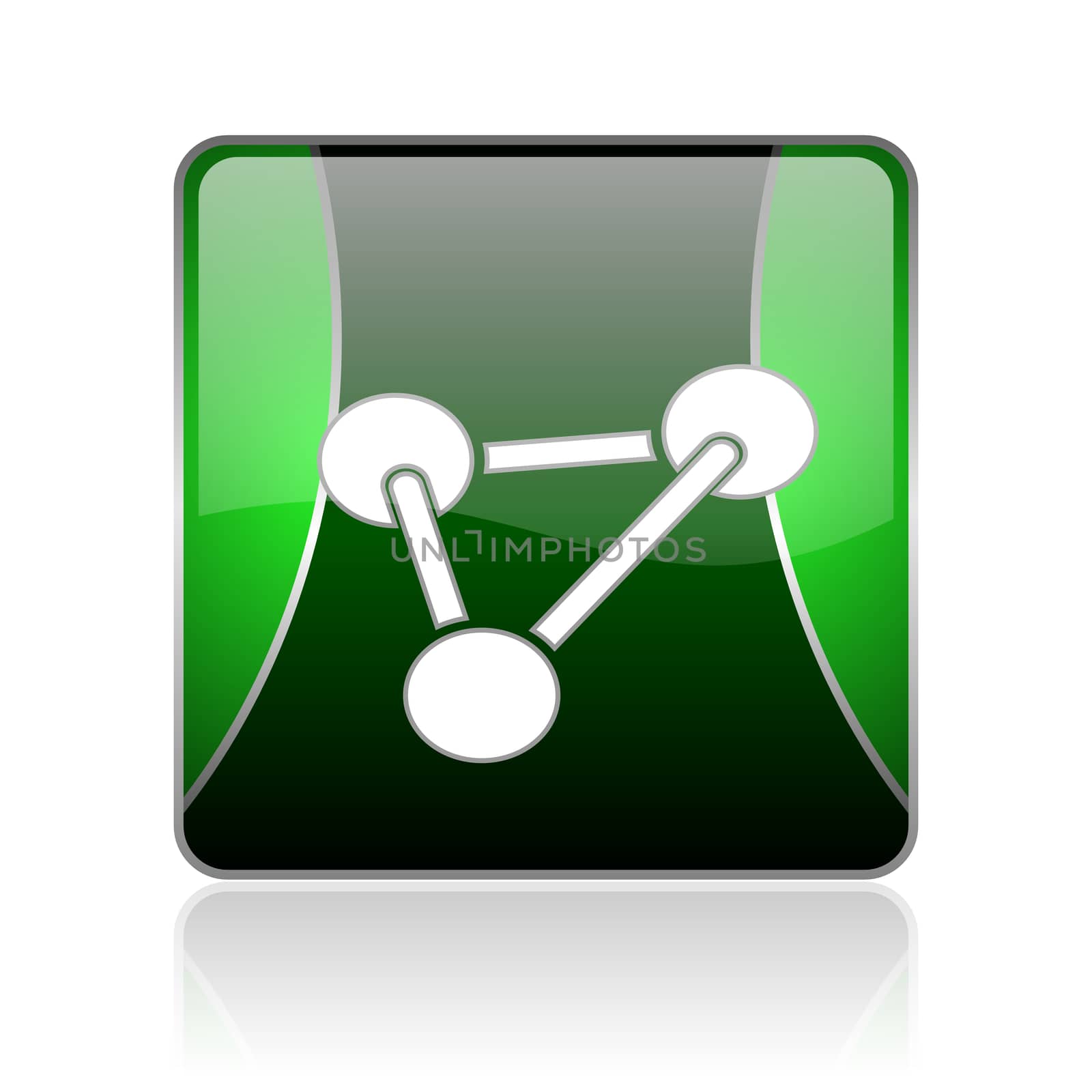black and green square glossy internet icon on white background with reflaction