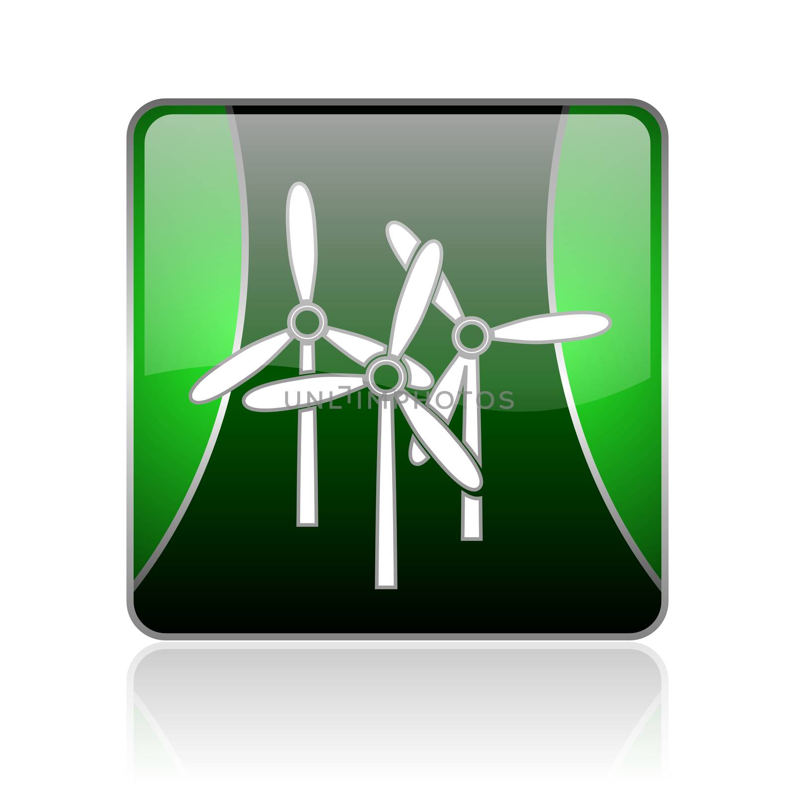 black and green square glossy internet icon on white background with reflaction