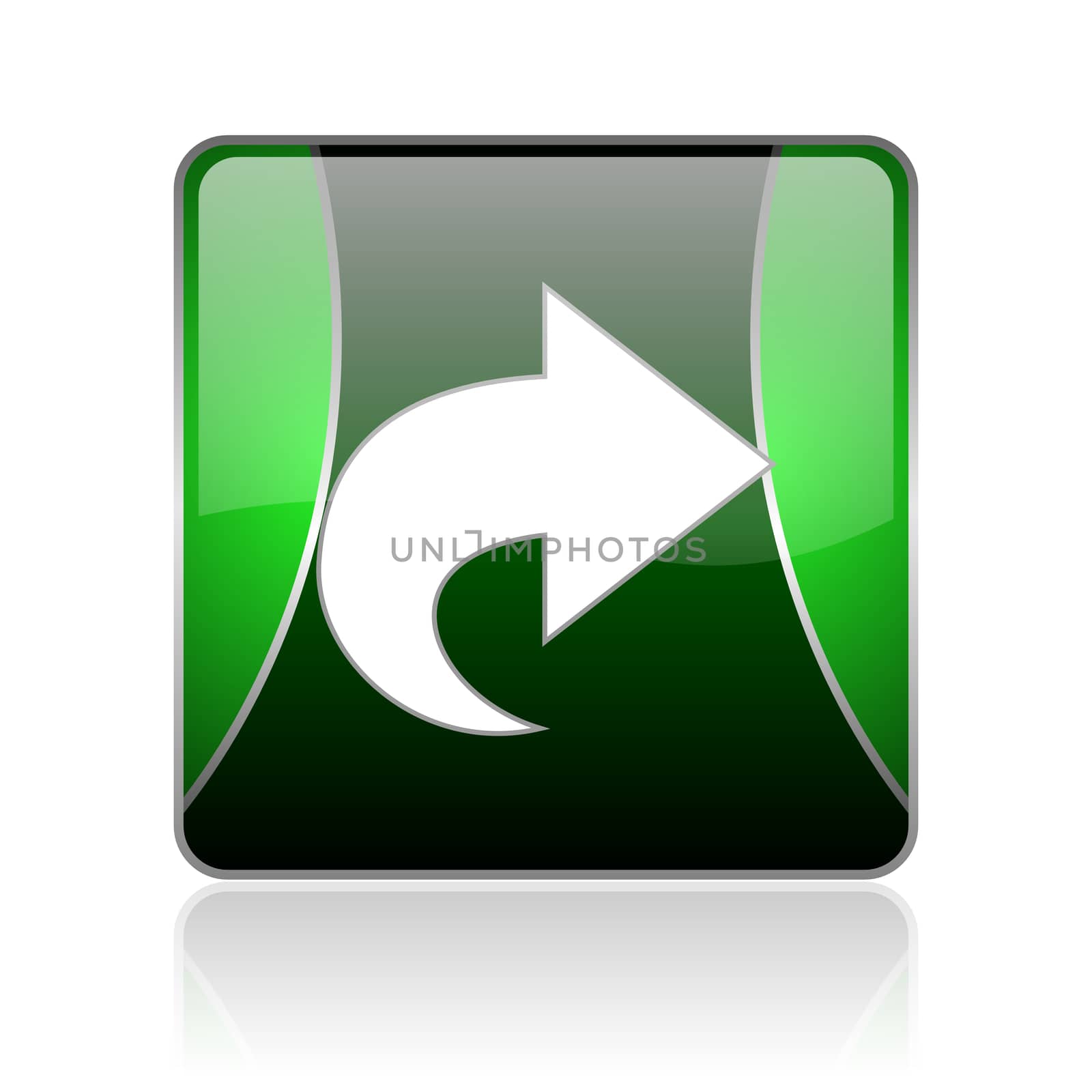 black and green square glossy internet icon on white background with reflaction