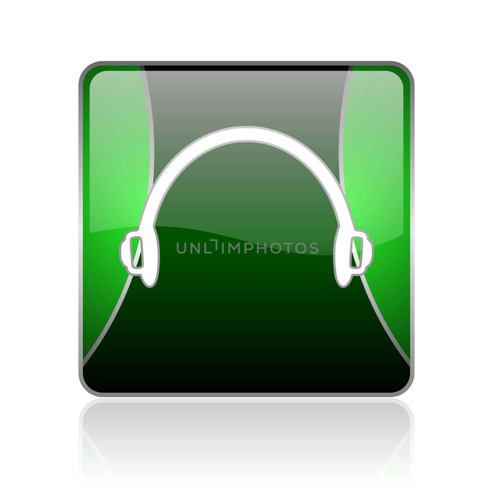 black and green square glossy internet icon on white background with reflaction