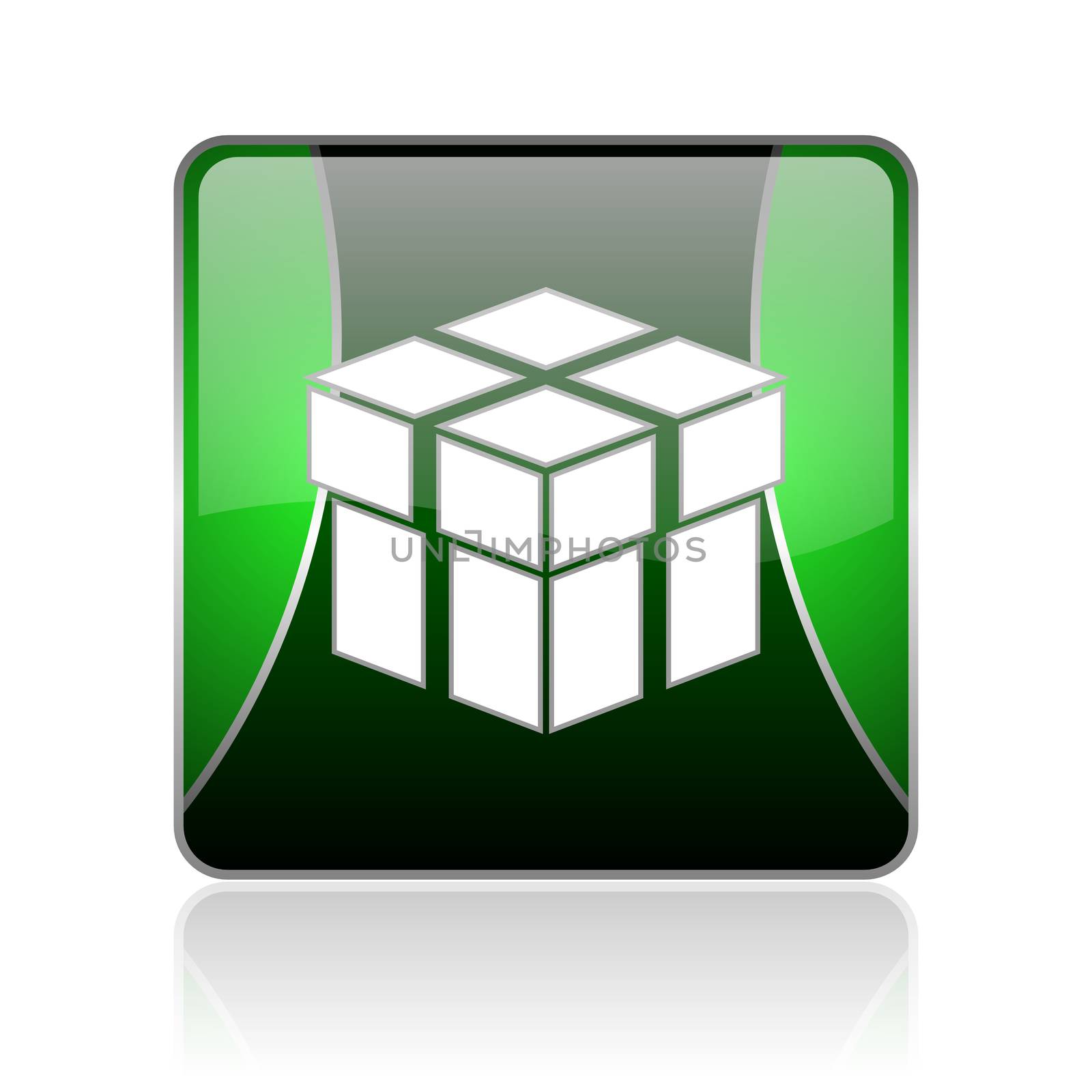 black and green square glossy internet icon on white background with reflaction