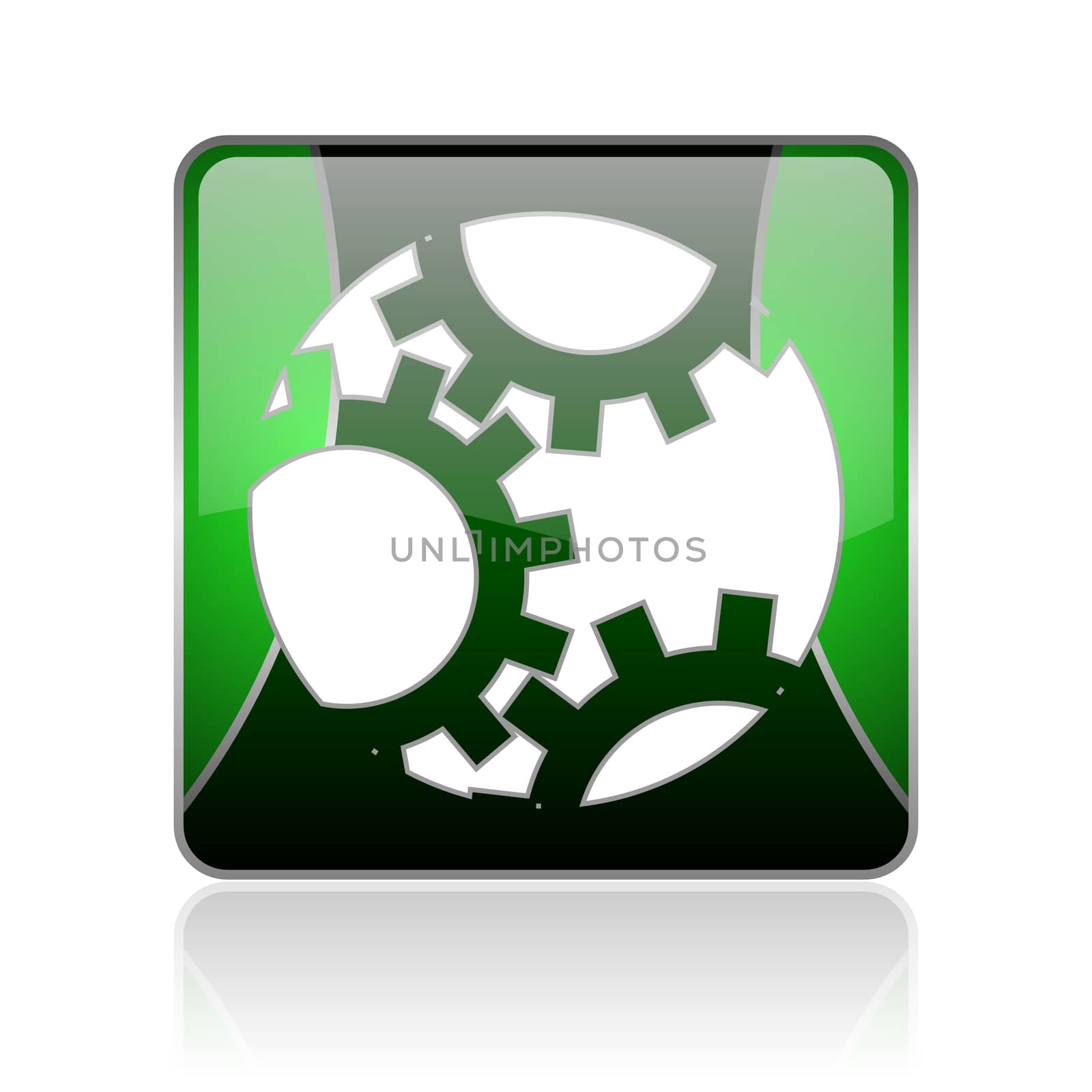 black and green square glossy internet icon on white background with reflaction