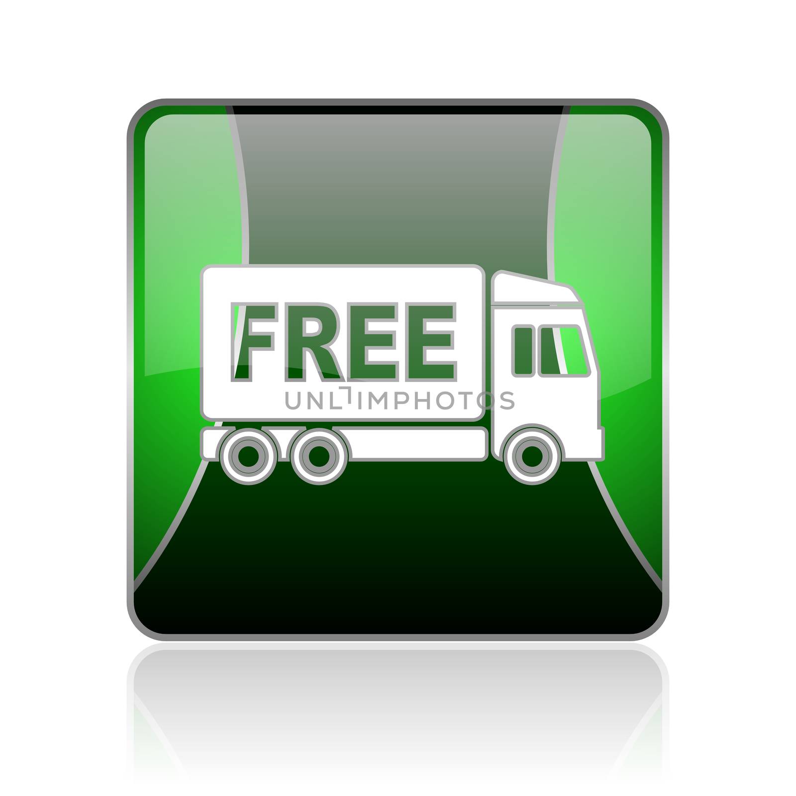 black and green square glossy internet icon on white background with reflaction