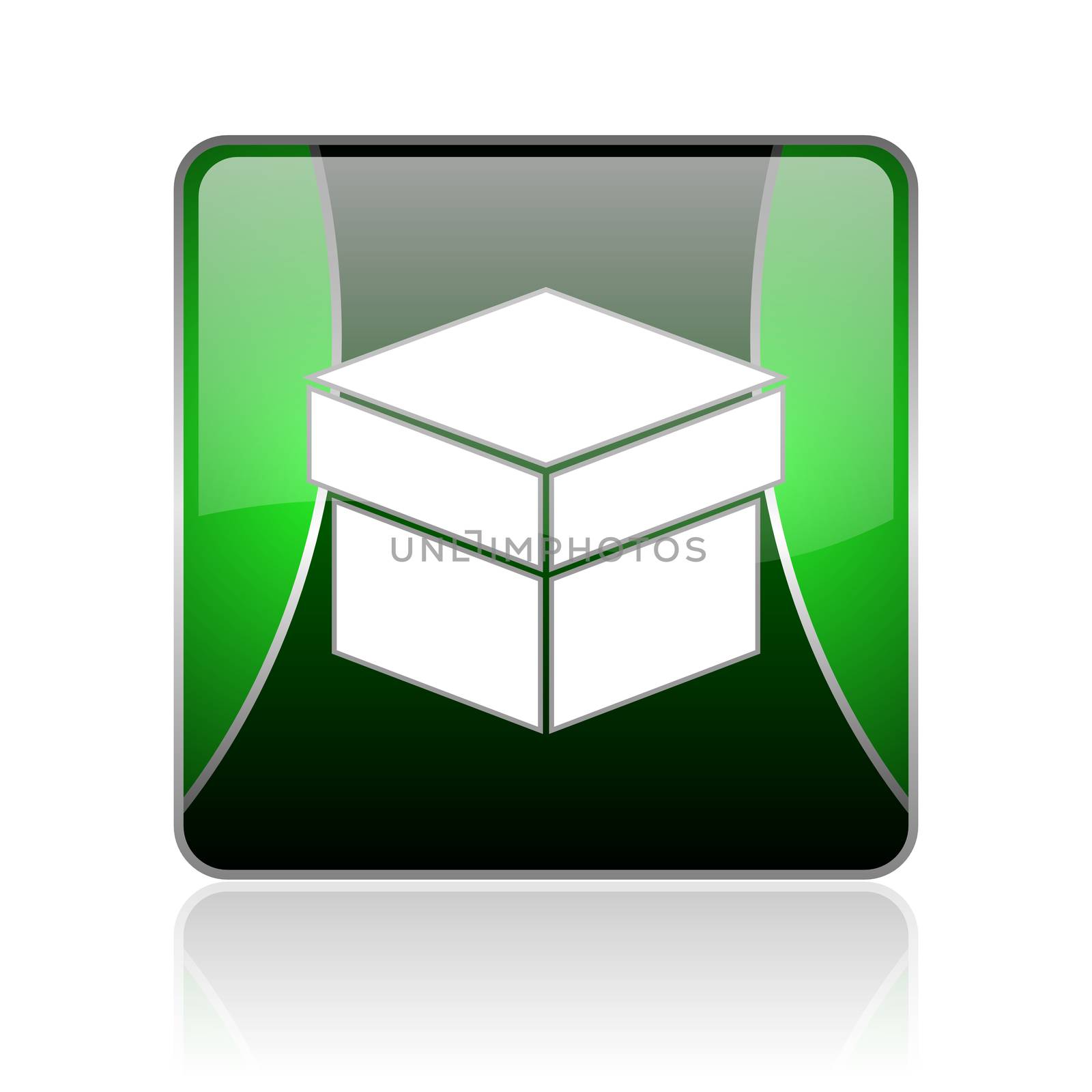 black and green square glossy internet icon on white background with reflaction