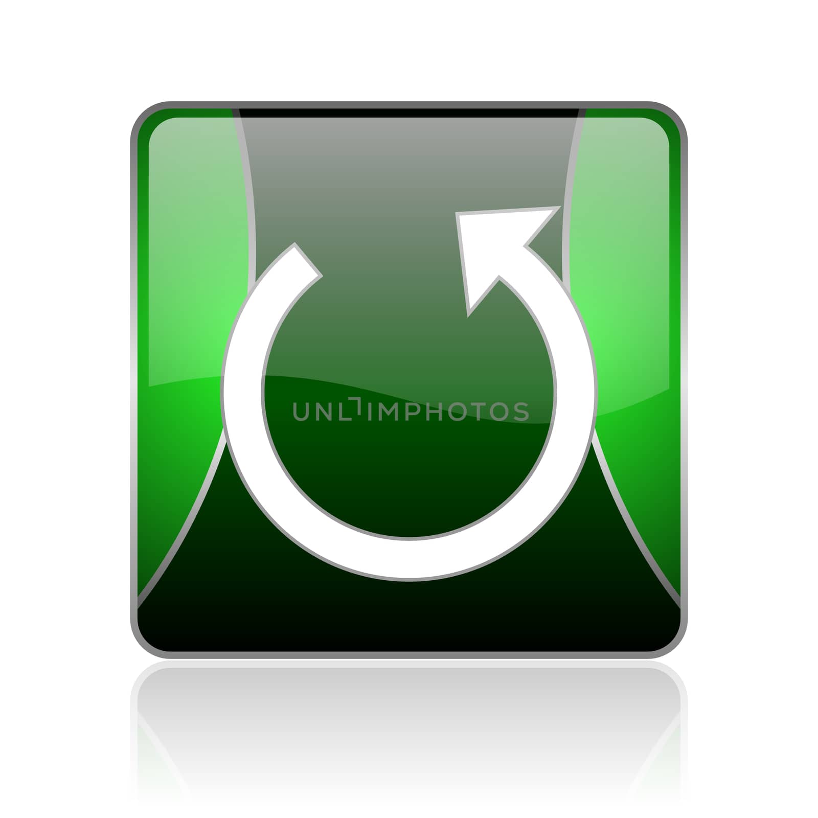 black and green square glossy internet icon on white background with reflaction