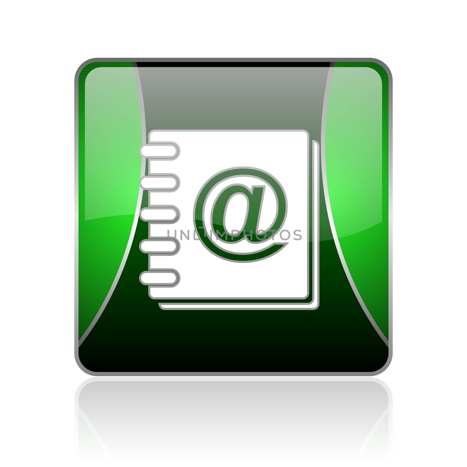 black and green square glossy internet icon on white background with reflaction