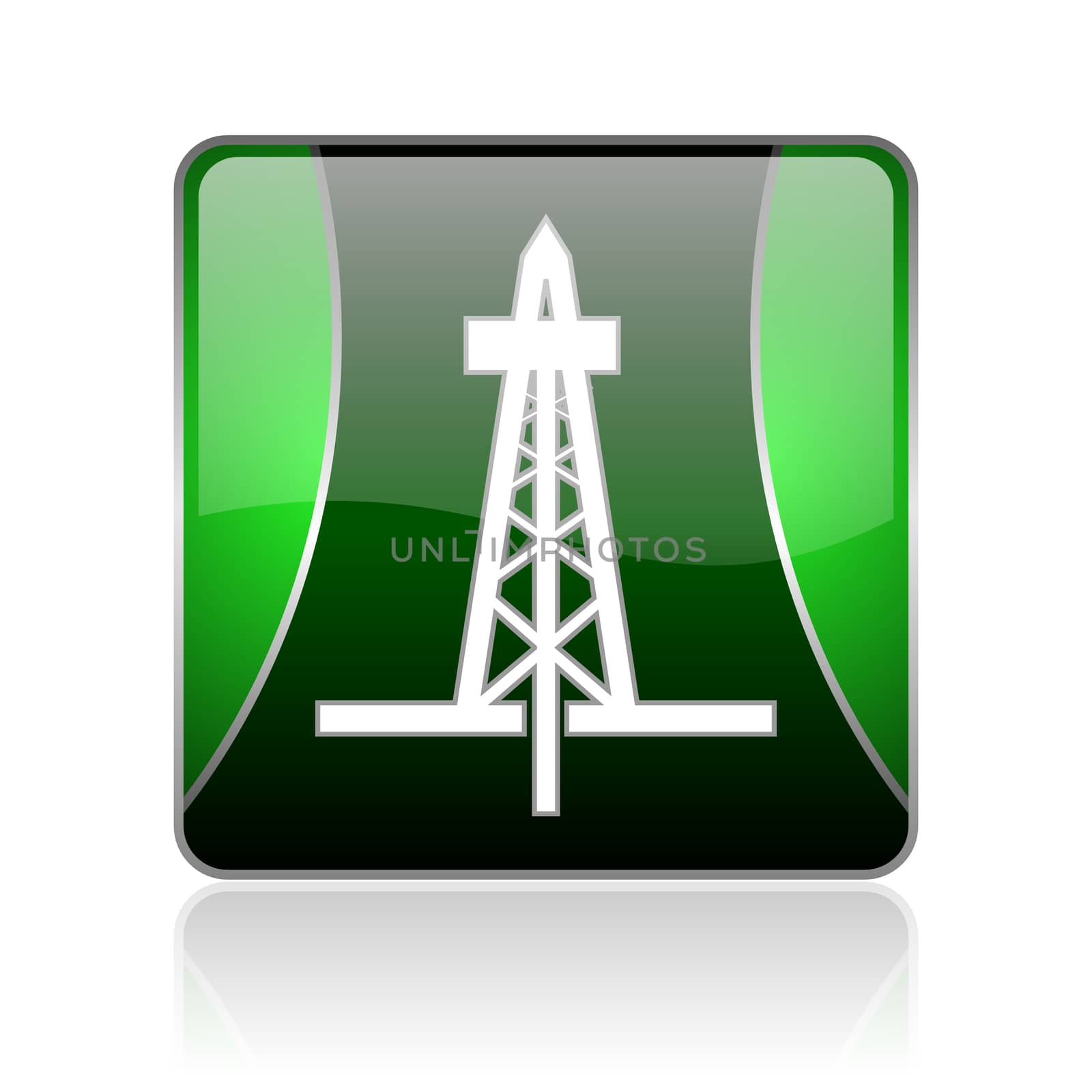 black and green square glossy internet icon on white background with reflaction