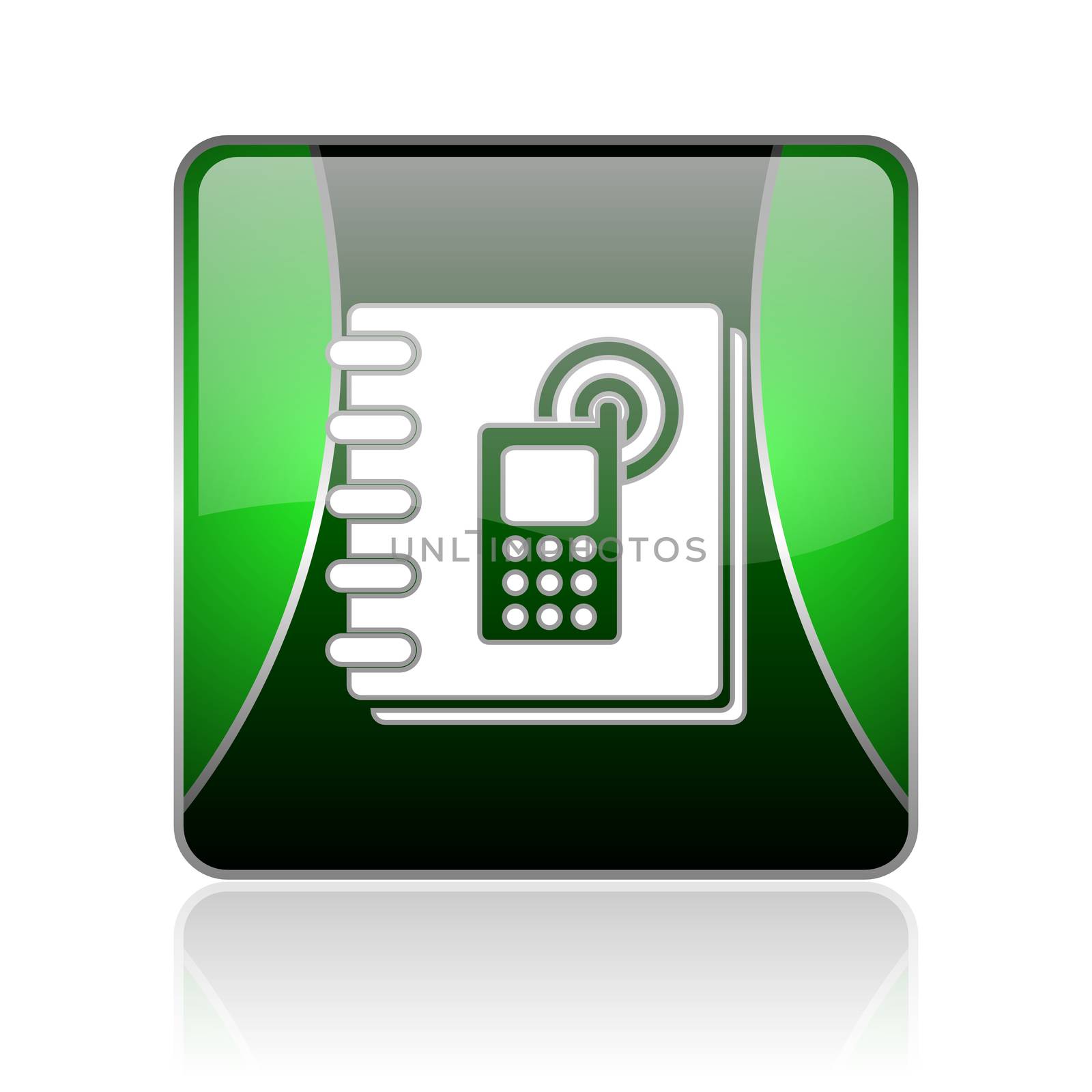 black and green square glossy internet icon on white background with reflaction