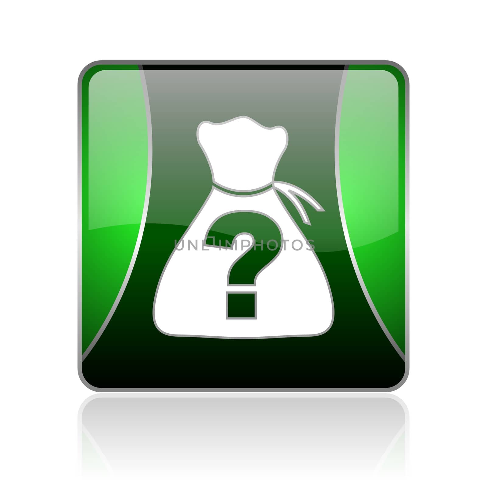 black and green square glossy internet icon on white background with reflaction