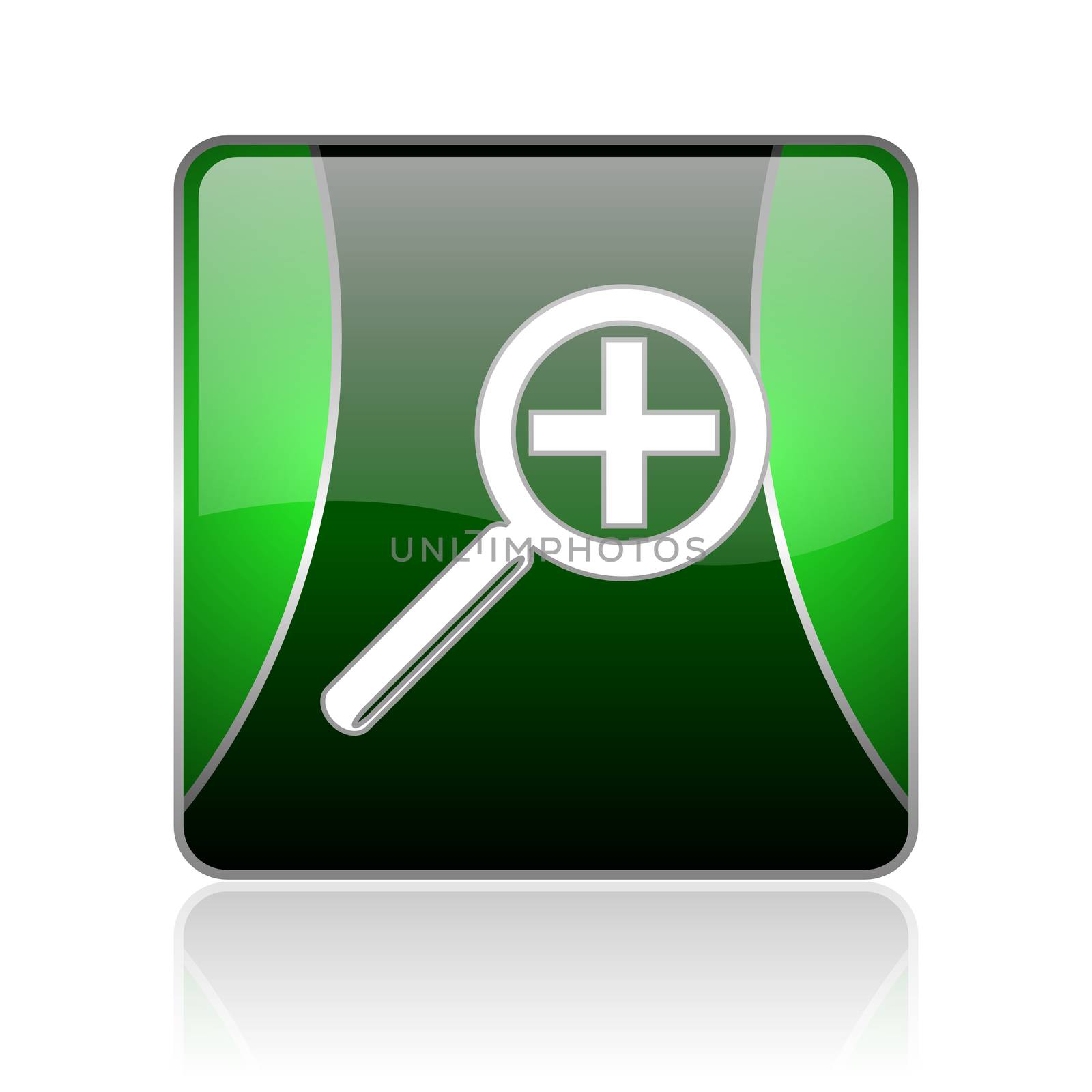 black and green square glossy internet icon on white background with reflaction